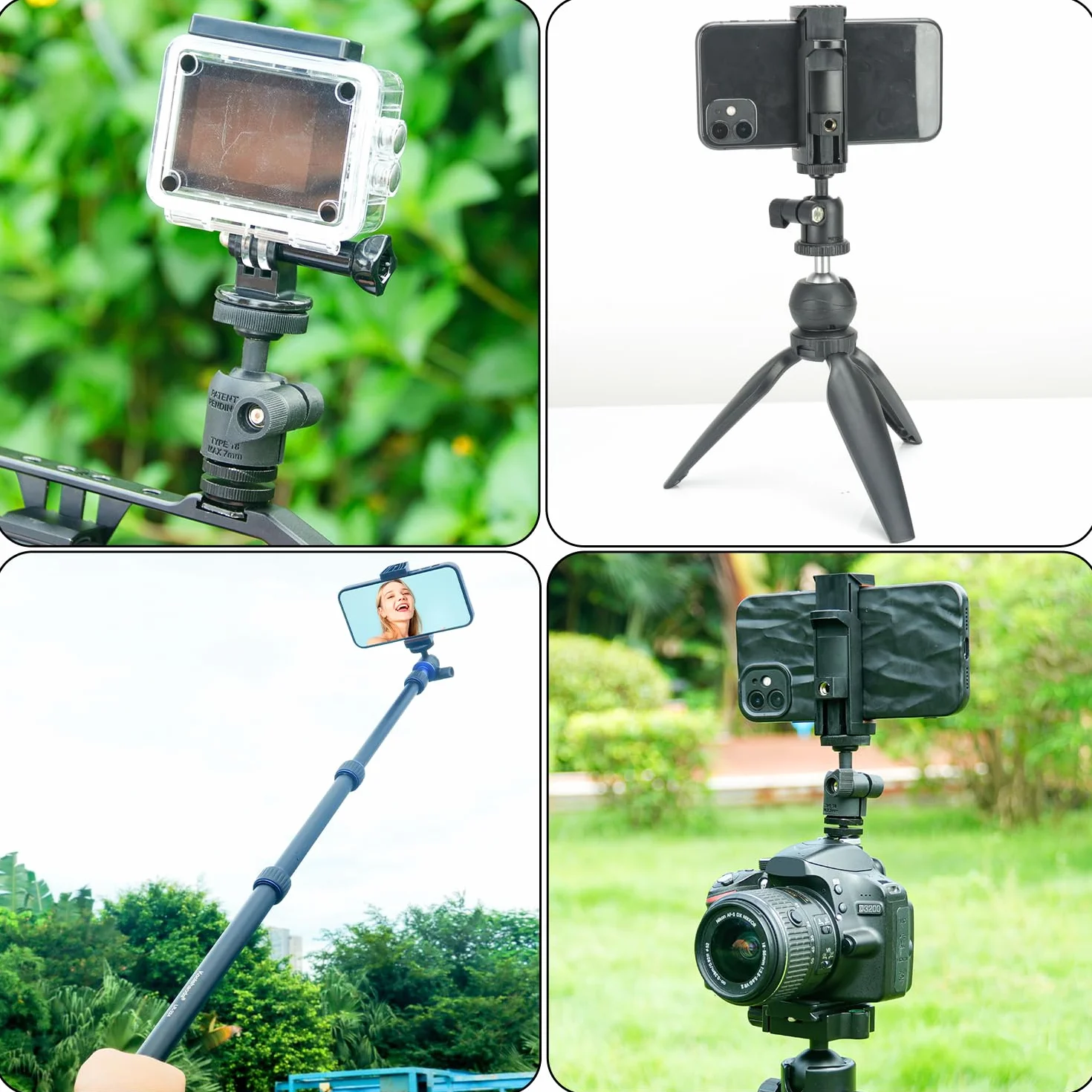 Koolehaoda Adapter do statywu do telefonu komórkowego z uniwersalną obrotową mini głowicą kulową 1/4", obrotowy o 360°, regulowany uchwyt zaciskowy do telefonu komórkowego i smartfona