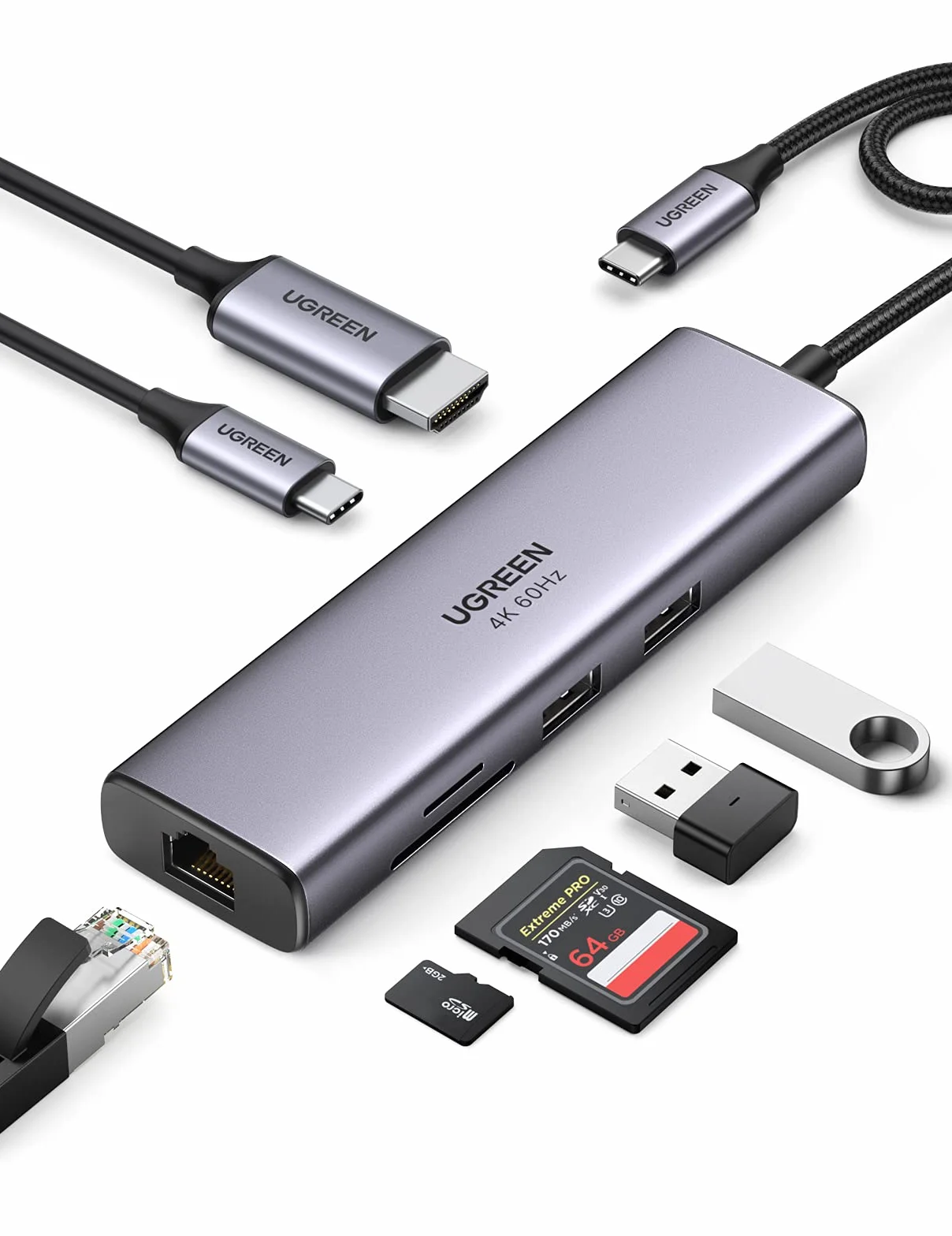 UGREEN USB C Hub 7 w 1 Ethernet Dock z 4K 60Hz HDMI LAN RJ45 PD 100W SD/MicroSD 2 USB 3.0 z MacBook Pro/Air, iPad Pro, Surface, iMac, Galaxy S23, XPS 13 Book usw.