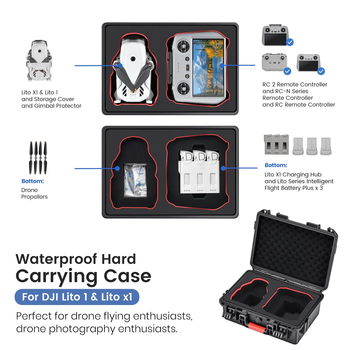 STARTRC Lito X1/1 walizka, wodoszczelna, twarda torba do DJI Lito X1/1 Fly More Combo akcesoria do akumulatorów DJI RC 2/RC-N3,4 i koncentratora ładowania, mała walizka