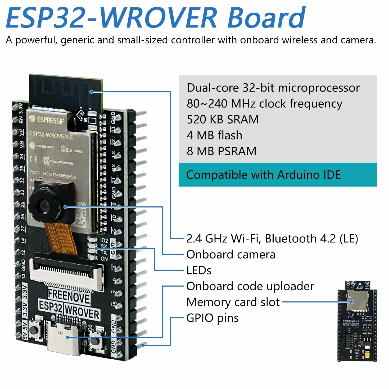 Freenove ESP32 Kit Dev CAM Board Ultimate Starter Kit, Dwurdzeniowy 32-Bitowy Mikrokontroler 240 MHz, Kamera WiFi+BT, 795-Stronicowy Poradnik, Kod Java Python C, 122 Projekty, 240 Przedmiotów