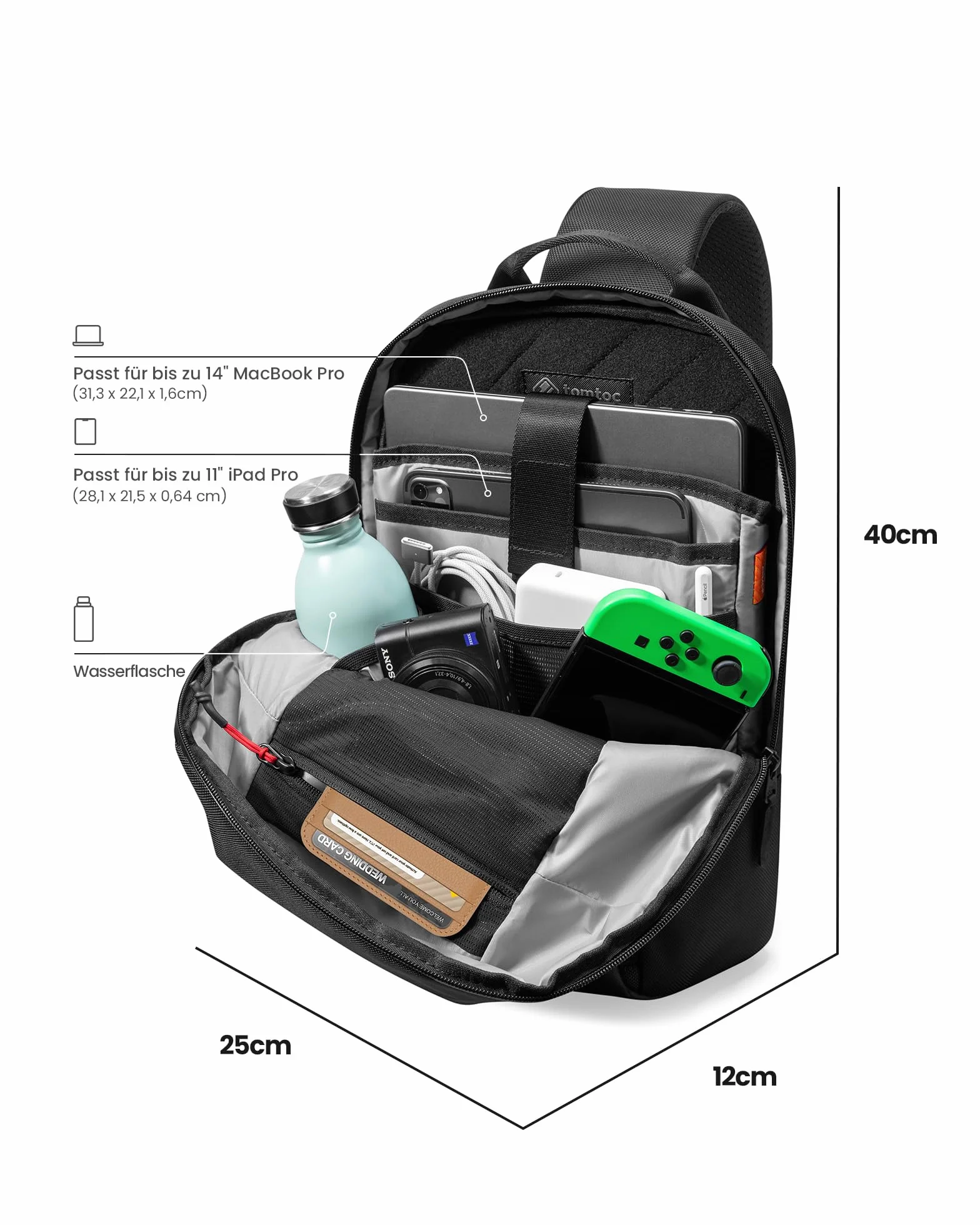 Tomtoc Kompaktowa Torba Sling EDC z Ochroną Przed Upadkiem, Plecak Krzyżowy na 14" MacBook Pro M5/M4, 13" MacBook Air