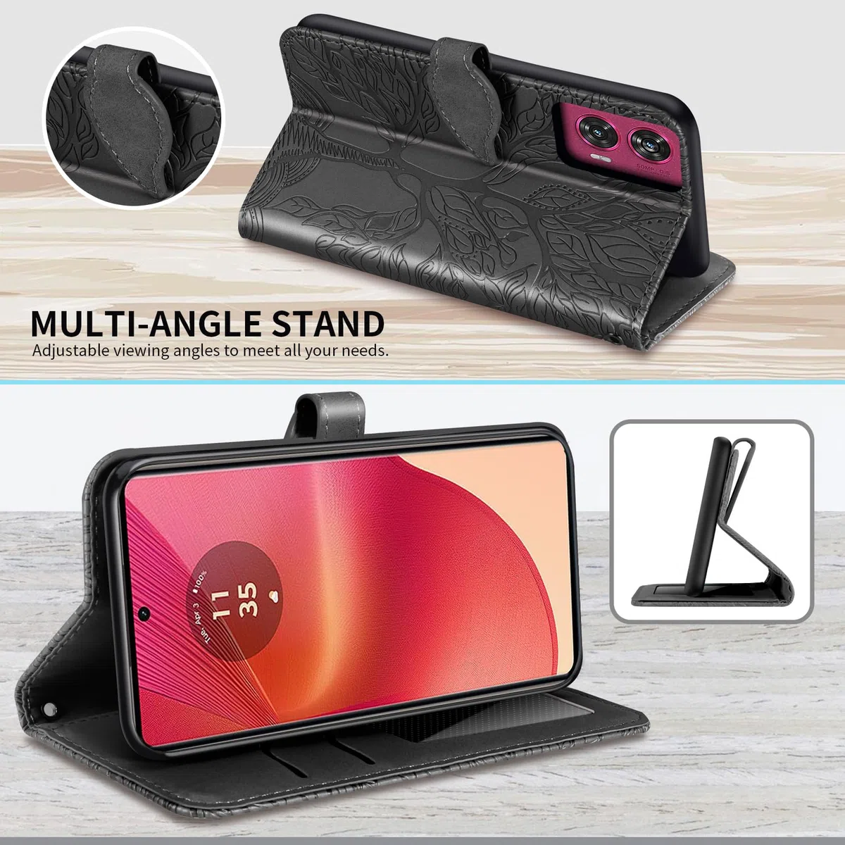 Etui na telefon Motorola Edge 50 Fusion Presowane drzewo PU skóra Motorola Edge 50 Fusion Flip Etui Portfel Torba Etui na Motorola Edge 50 Fusion Czarny