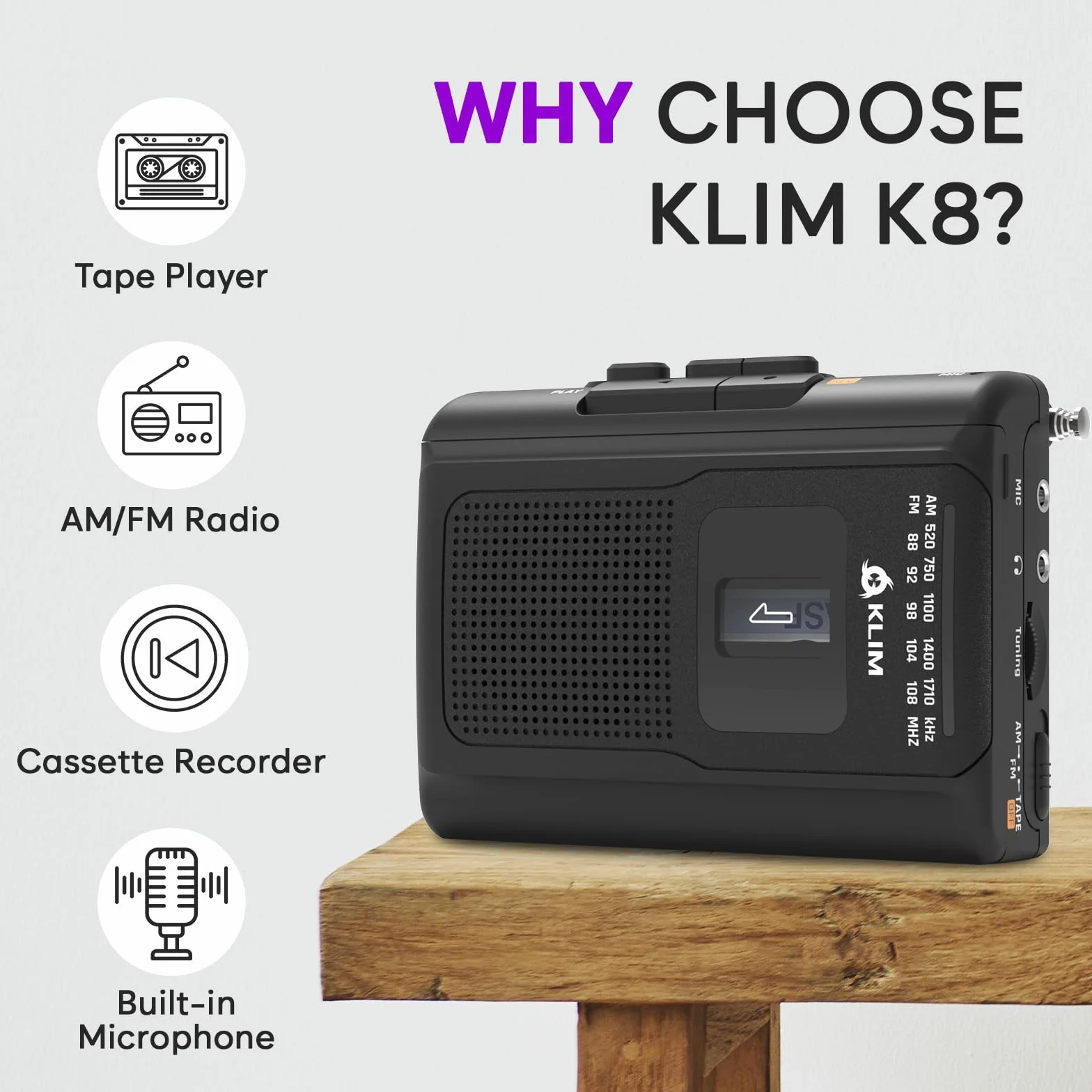 KLIM K8 odtwarzacz kaset z słuchawkami F1 - magnetofon - NOWY odtwarzacz kaset - radio kasetowe AM/FM - wbudowany mikrofon i głośnik - złącze słuchawkowe i słuchawki