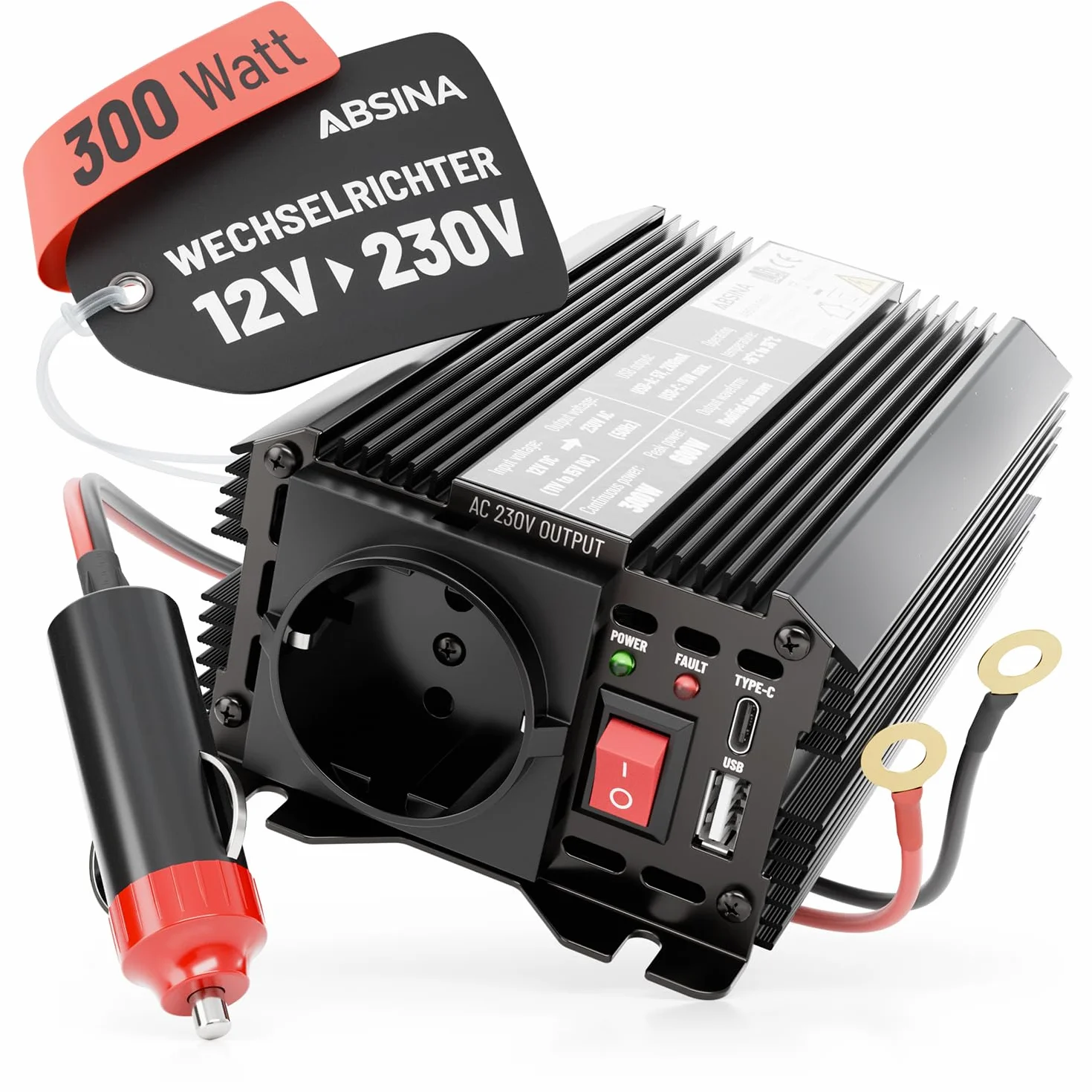 ABSINA Przetwornica napięcia 12 V na 230 V - zmodyfikowany falownik sinusoidalny 12 V na 230 V - inwerter 300 W o mocy szczytowej 600 W