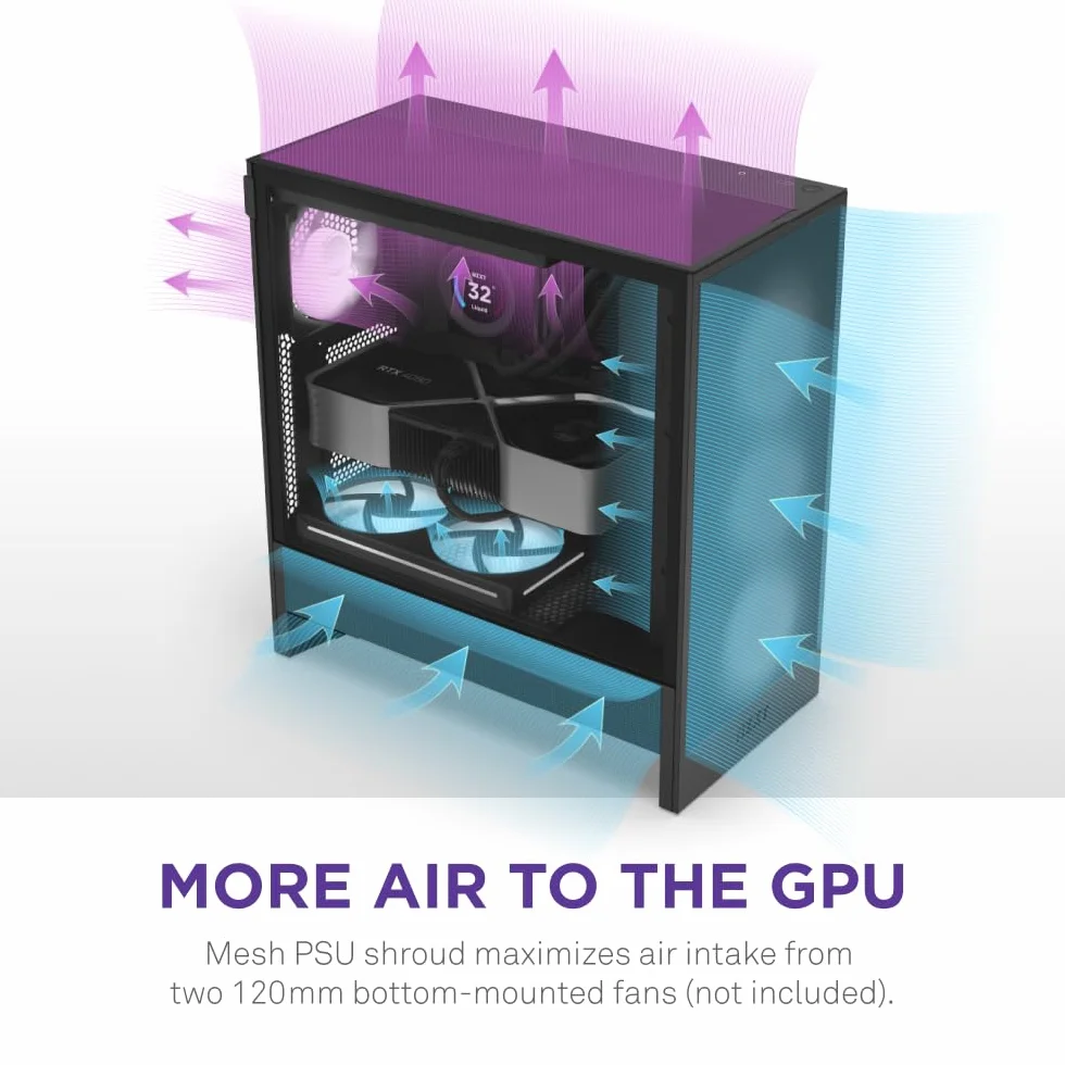 NZXT H5 Flow Czarny obudowa ATX Mid-Tower PC 2x120mm wentylatory 360mm przednia 240mm górna chłodnica zarządzanie kablami