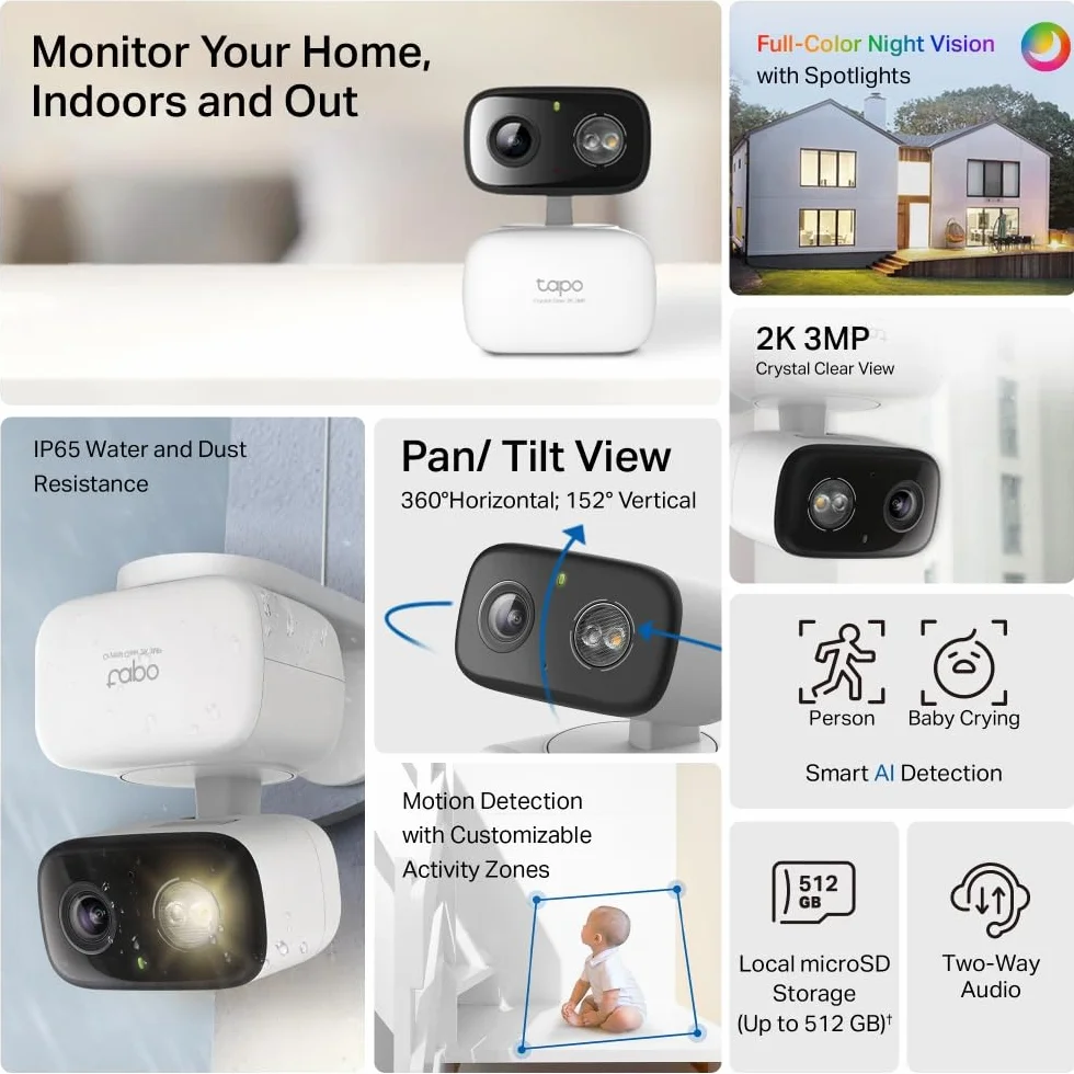 Tapo C216 mini kamera monitoringowa z nagrywaniem, 2K 3 MP, zasięg 360°, do użytku wewnątrz i na zewnątrz, rozpoznawanie sztucznej inteligencji i powiadomienia, karta microSD do 512 GB, 105,3 × 77,8 ×