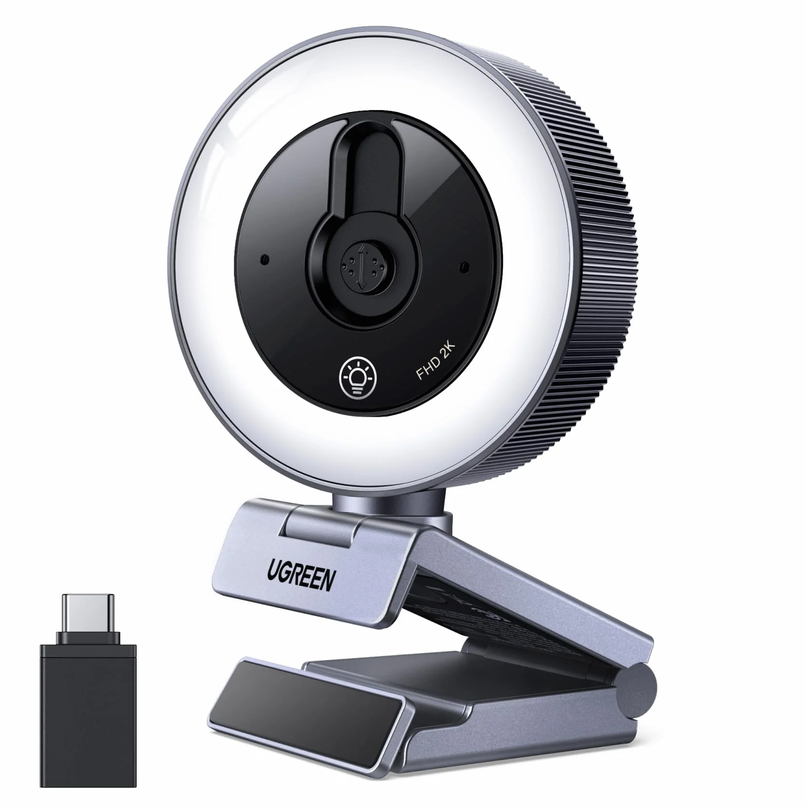 Kamera internetowa UGREEN 2K z pierścieniem świetlnym, stała ogniskowa, pole widzenia 80°, USB-A/C