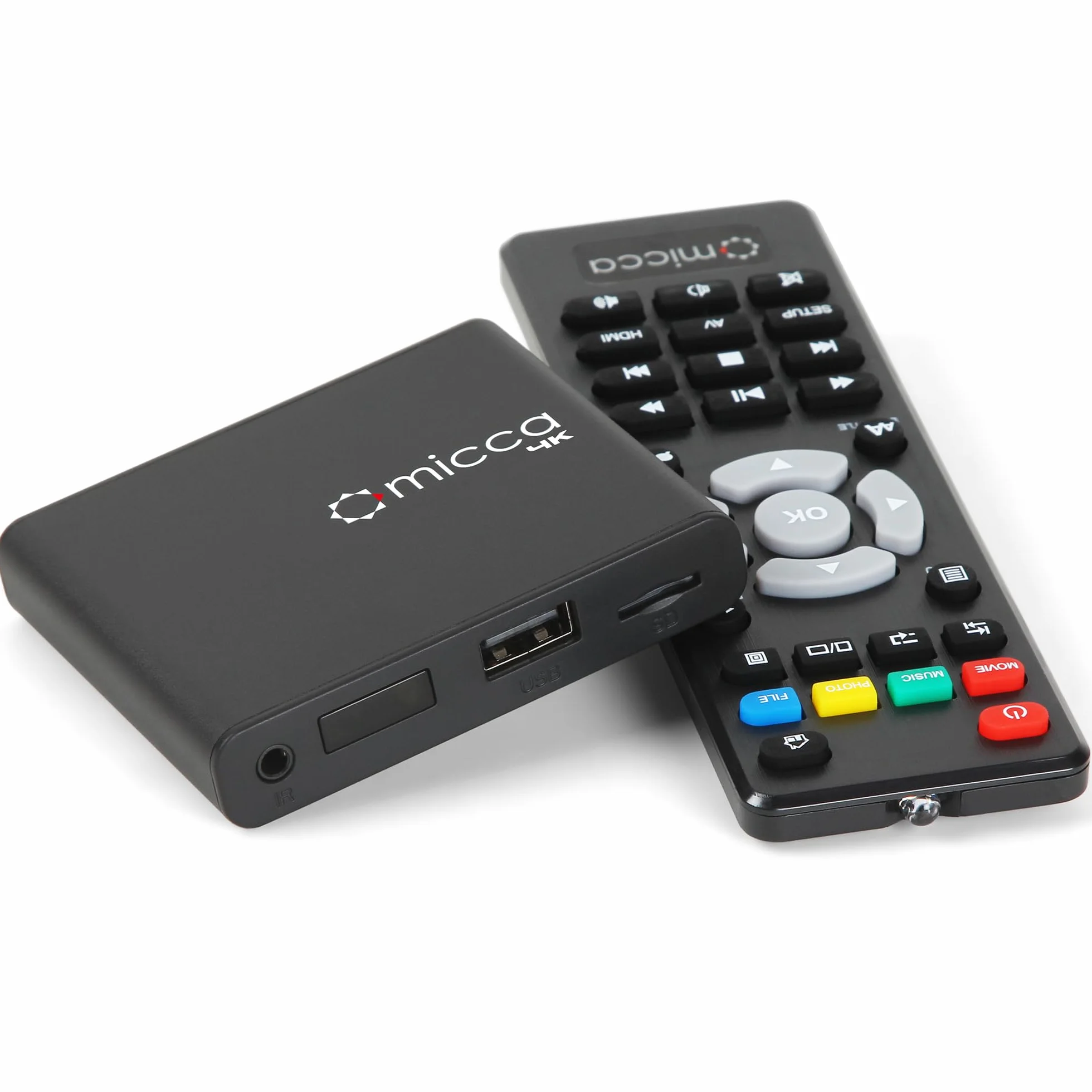 Micca Speck Cyfrowy odtwarzacz multimedialny 4K Ultra-HD do napędów USB i kart MicroSD, Digital Signage, H.265/HEVC H.264/AVC MP4 MKV, MP3, muzyka, zdjęcia JPG, 4K HDMI, analogowe AV, automatyczne