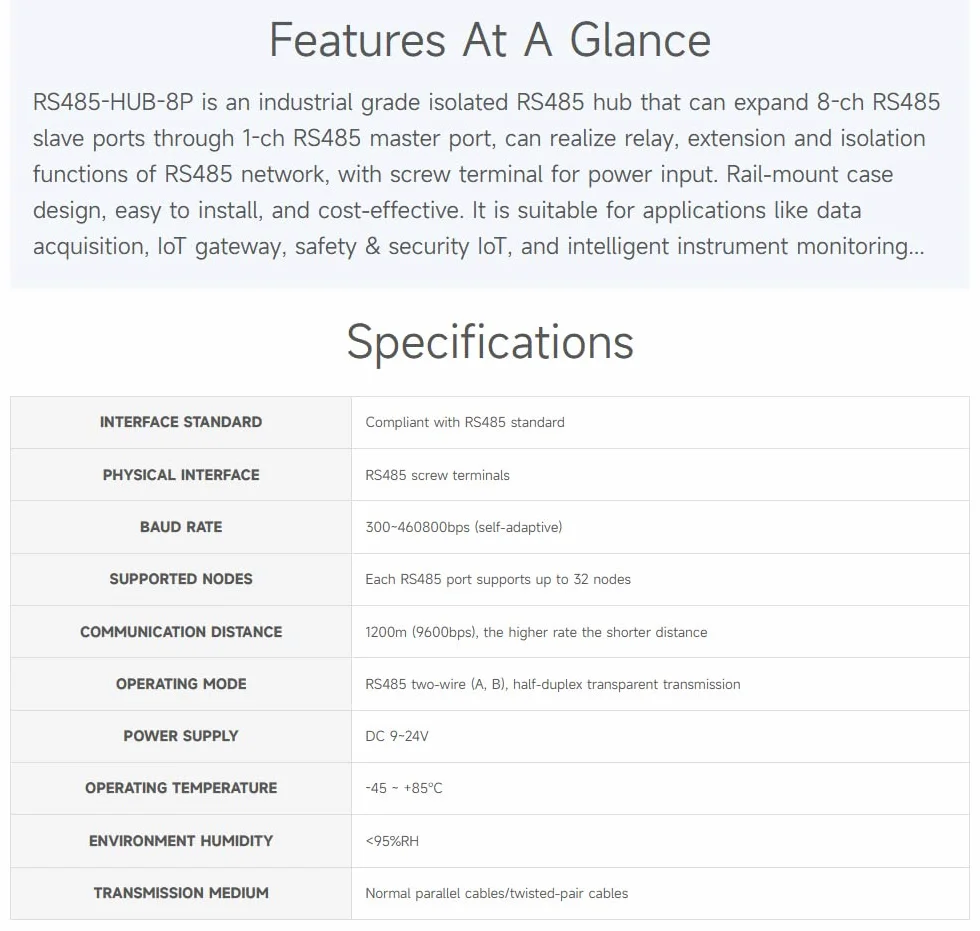 Waveshare Industrial RS485 Hub 8-ch Rail-mount Wide Baud Rate RS485 Network Relay Expansion Isolation