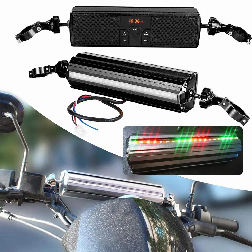 Qiilu Modyfikacja motocykla Kierownica System USB Odtwarzanie Antypoślizgowy Wodoodporny System dźwiękowy Głośniki stereo (czarne)