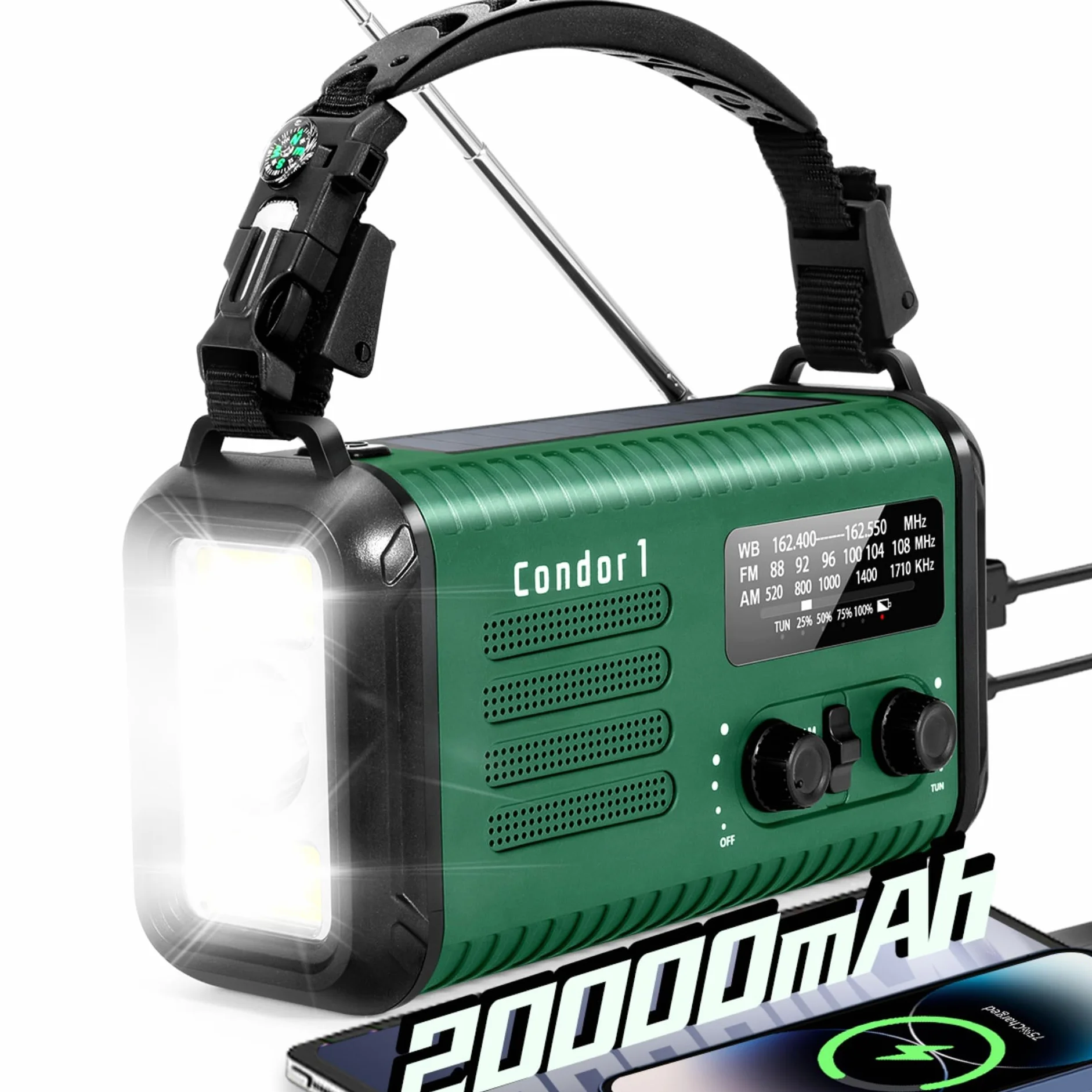 Radio korbowe awaryjne, 20000 mAh / 74000 mWh solarne radio pogodowe z korbą ręczną z NOAA/AM/FM, radio zasilane bateriami z ładowarką do telefonu komórkowego, lampą do czytania, latarką i SOS w