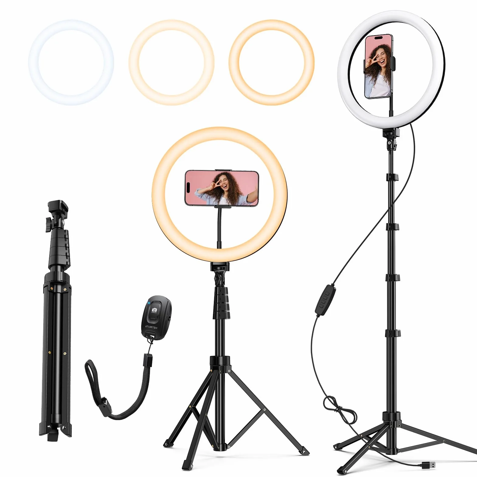 ATUMTEK Pierścień świetlny 12" z dużym statywem, regulowany pierścień świetlny z 3 trybami oświetlenia i 10 poziomami, lampa fotograficzna z pilotem do Tiktok/Youtube/Live Stream (statyw: 160 cm)