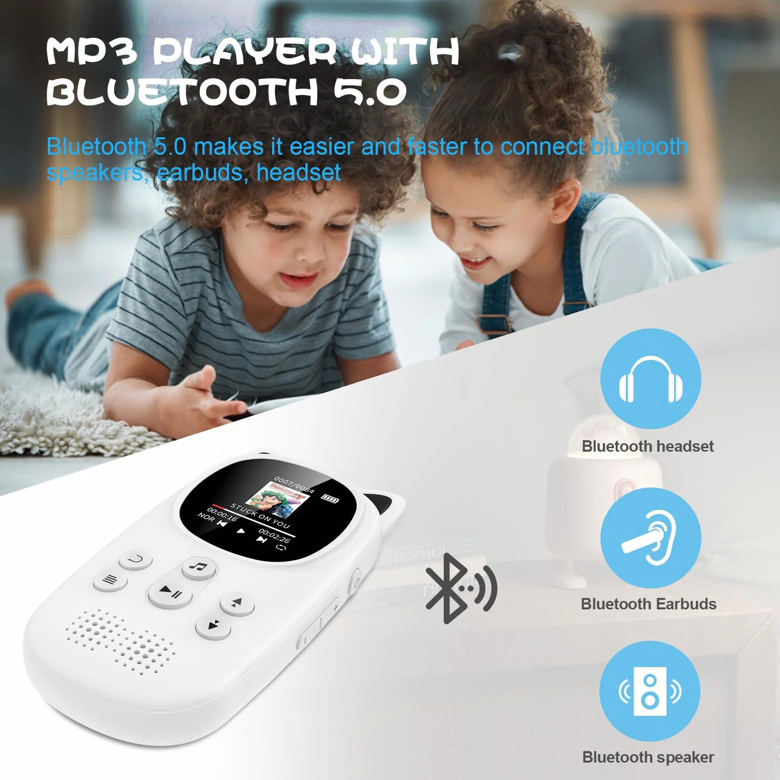 32GB Odtwarzacz MP3 z Bluetooth 5.0, Odtwarzacze MP3 dla dzieci z głośnikiem o pojemności 750 mAh, odtwarzacz muzyczny Oilsky Child Mp3 z radiem FM (Czarny)