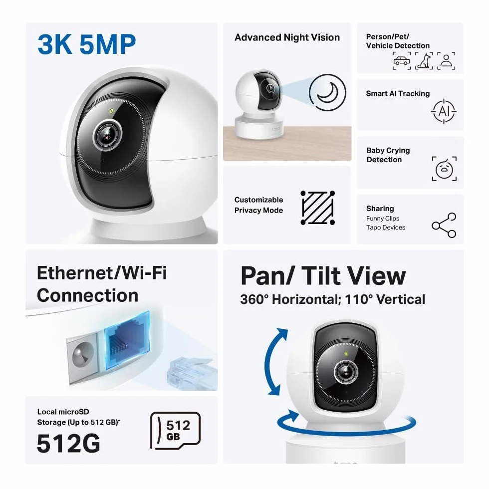 Tapo C232 kamera monitorująca Wi-Fi 360°, Ethernet/WLAN, 3K 5 MP, śledzenie ruchu, widoczność w nocy, dwukierunkowe audio, kompatybilna z Alexa i Google Assistant, karta micro SD do 512 GB