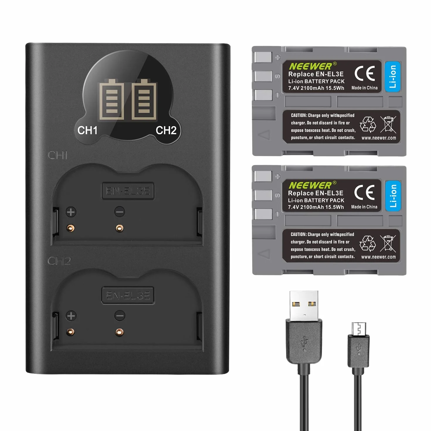 Neewer 2100mAh Bateria zapasowa Nikon EN-EL3e z ładowarką USB LCD do D50 D70 D80 D90 D200 D300 D700