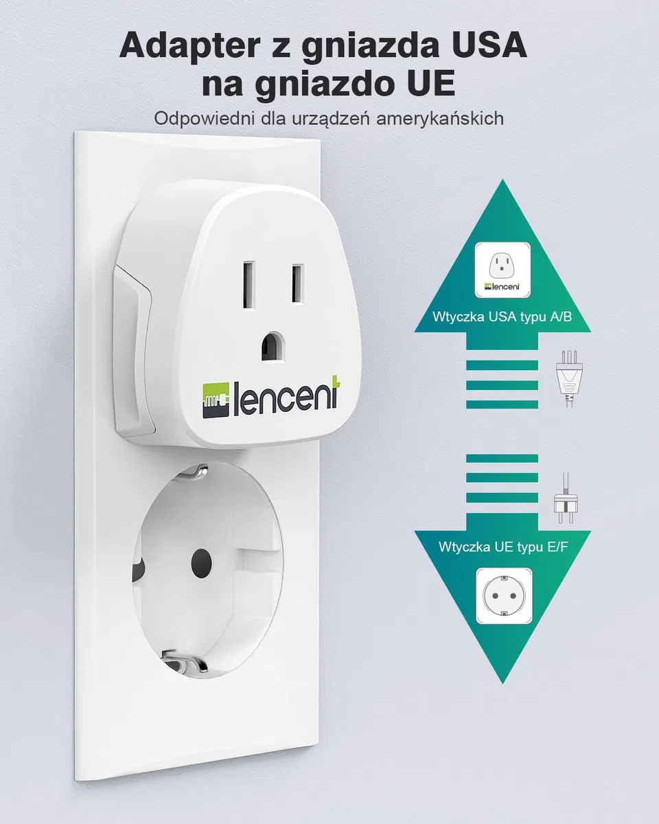 LENCENT 2 sztuki Adapter Podróżny USA do Polski/UE Wtyczka, Typu-C/E/F Podróżna Adapter [3250 W/13 A MAX] Wtyczki Adapter, Ameryki USA, Japonia, Kanada, Meksyk Wtyczka do Polski/UE ładowarka ścienna
