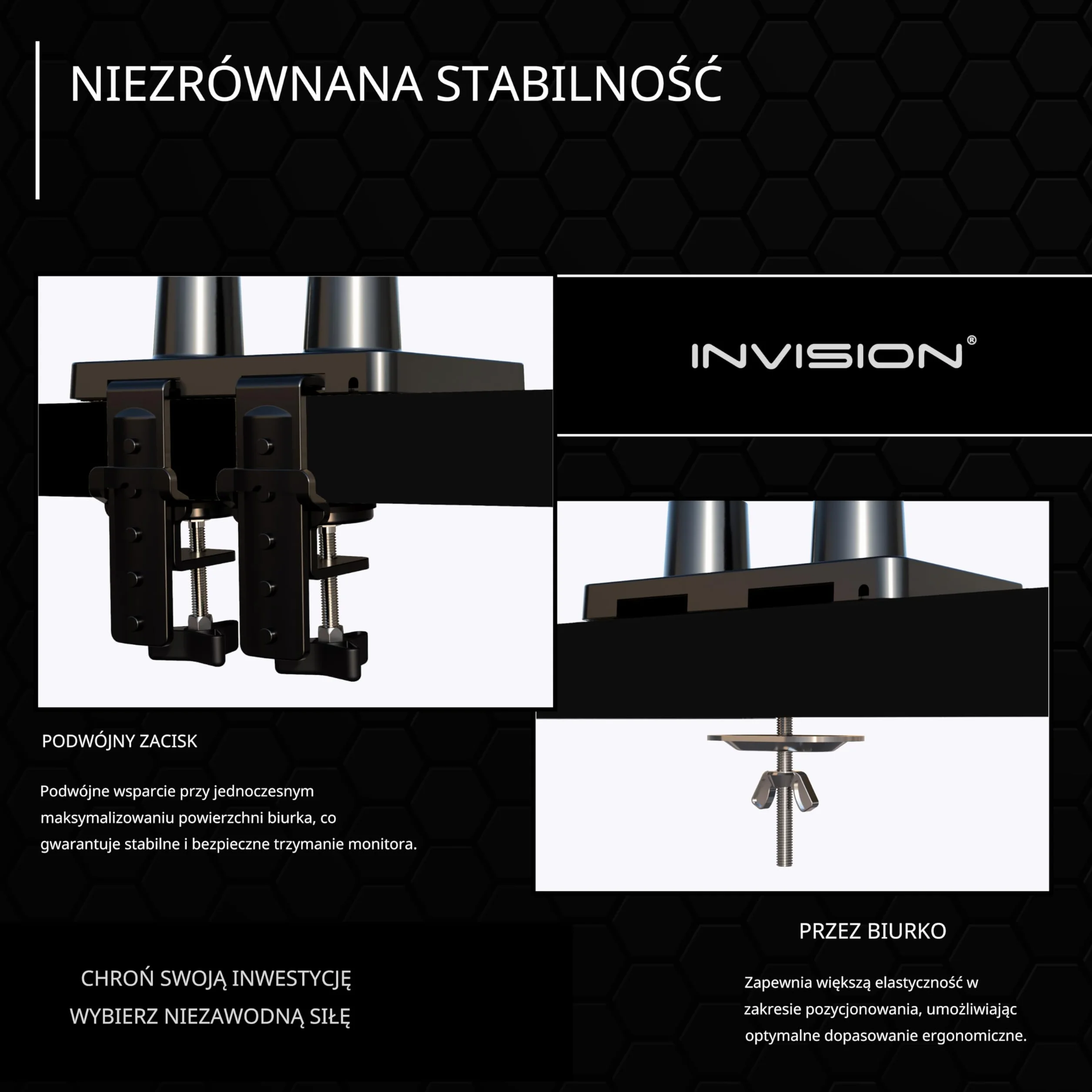 Invision Uchwyt na 2 Monitory do Płaskich i Zakrzywionych Ekranów 24-35 cali, Uchwyt na 2 Monitory z Regulacją Wysokości, 2-15kg/Ramię, Uchylny, Obrotowy, VESA 75/100 mm, Mocowanie do Stołu (MX900)