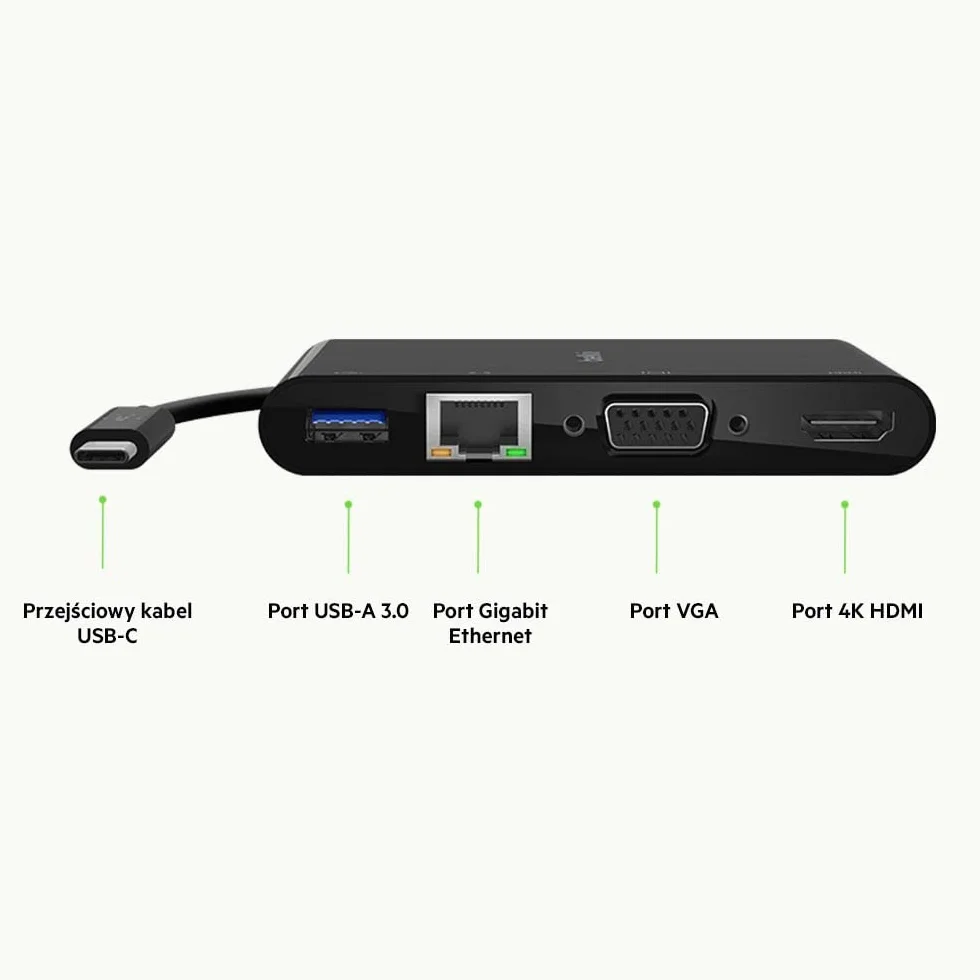 USB-C Multimedia Adapter GBE HDMI VGA USB-A 100W PD Czarny