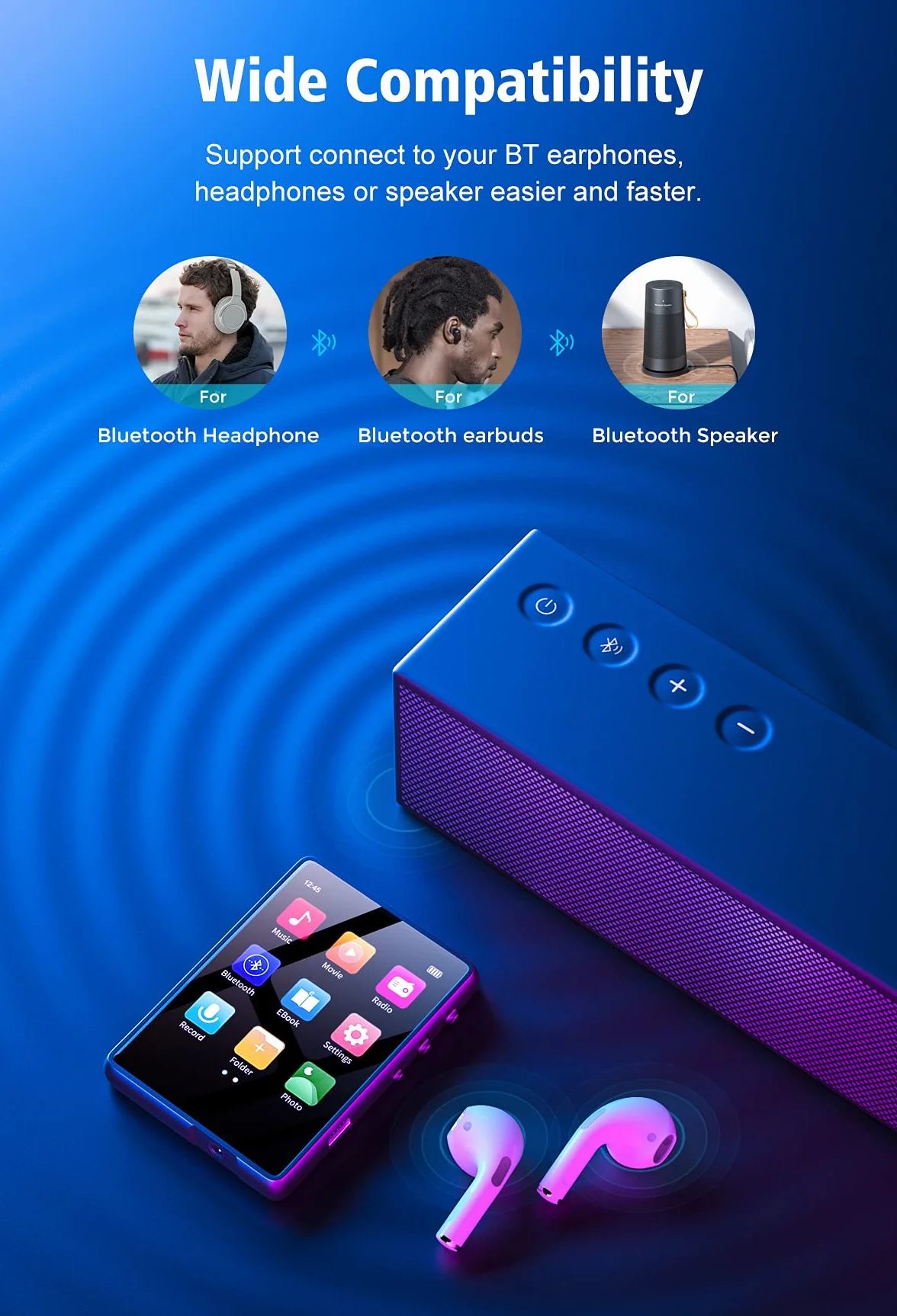 Odtwarzacze MP3 Bluetooth 5.0 32GB 2,4" Przenośny odtwarzacz muzyczny do biegania, Hi Res Audio Video FM Radio Line-in Ebook nagrywania, obsługuje do 128GB TF-kaart (Czarny)