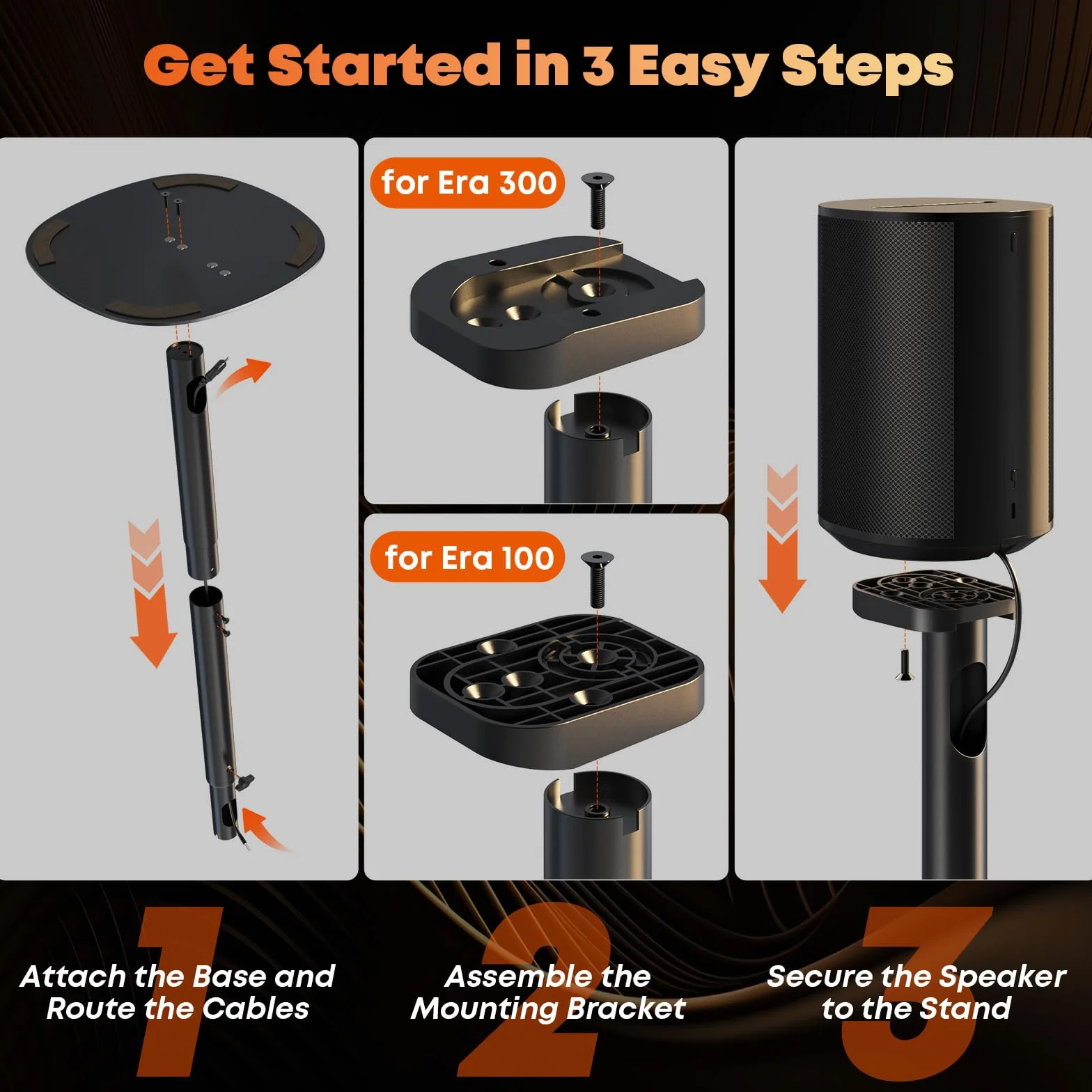 Podstawka Pod Głośnik Sonos Era 100 & 300 – Regulowana 74–99 cm, Podstawa Dual-Mount, Zarządzanie Kabli, Max 5 kg, Czarny