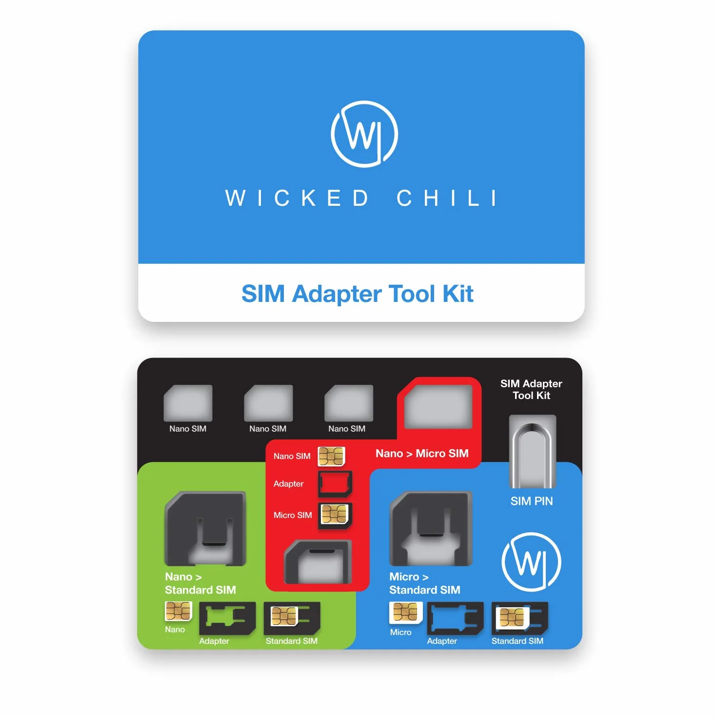 Wicked Chile 8in1 Micro Nano SIM Adapter Zestaw i standardowe karty + Pin do kart SIM do telefonu komórkowego, tabletu, routera WLAN, LTE Router podróżny, Surfstick(z etui podróżnym)