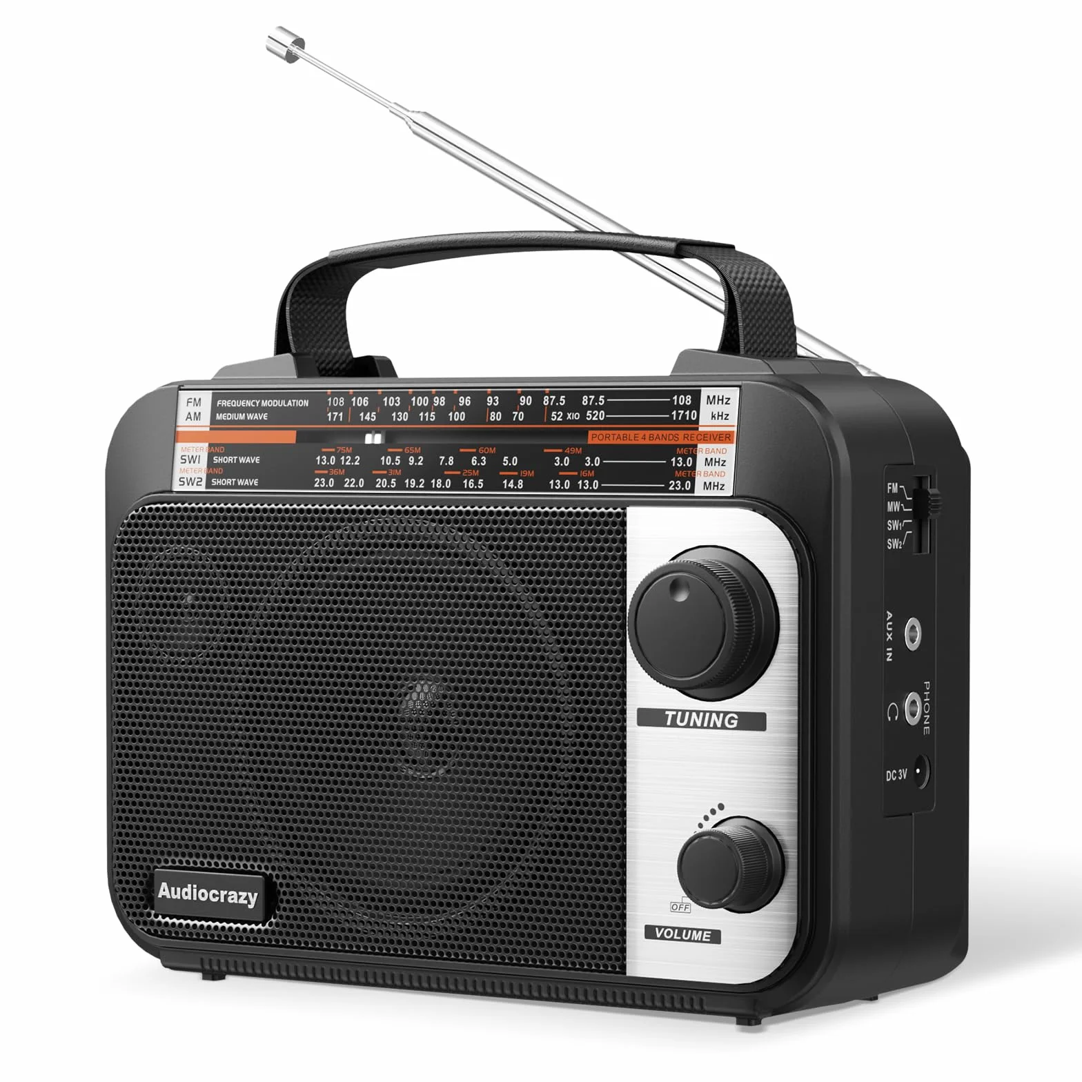 Radio tranzystorowe AM/FM/SW1-2 AC/bateria duży głośnik AUX 3,5 mm