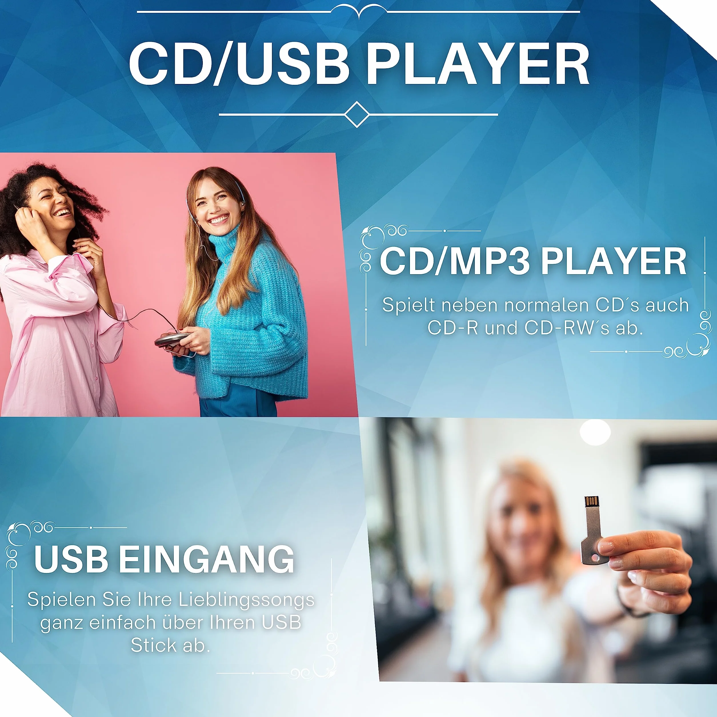 Przenośny odtwarzacz CD - Boombox - CD/CD-R - USB - Radio FM - Wejście AUX - Gniazdo słuchawkowe - Odtwarzacz CD - Radio dla dzieci - CD - Kanał stereo - Kompaktowy system (Dark Blue)