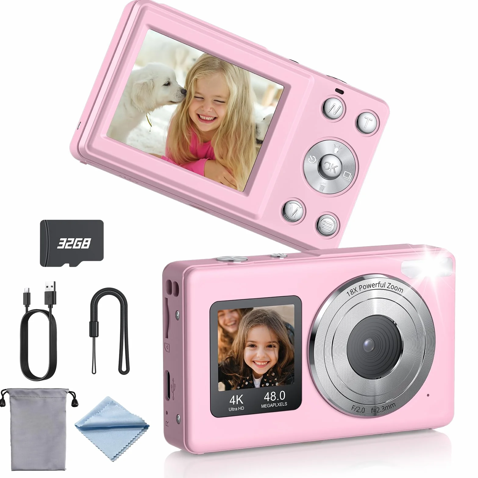 eSynic Kompaktowy aparat cyfrowy 4K 48 MP 18-krotny zoom autofokus karta SD 32 GB ekran do selfie