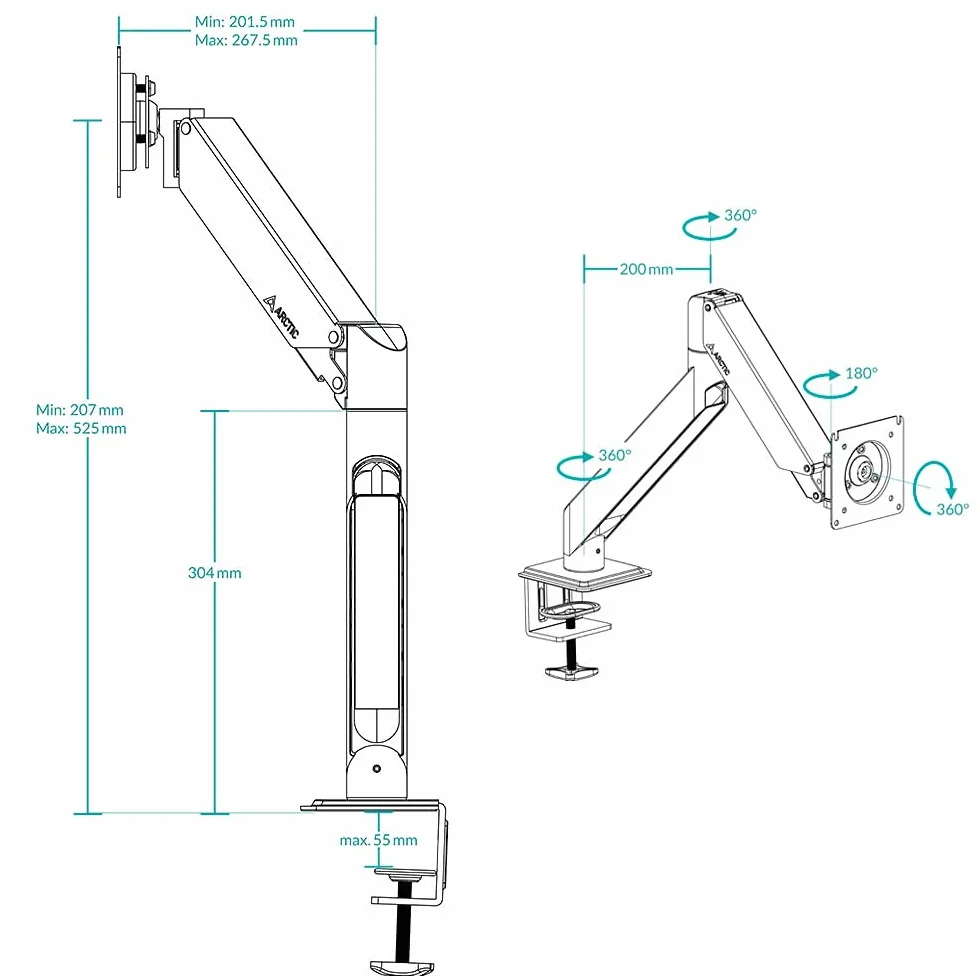 ARCTIC X1-3D Ramię na monitor z gazowym podnośnikiem do 40" Ultrawide 10 kg