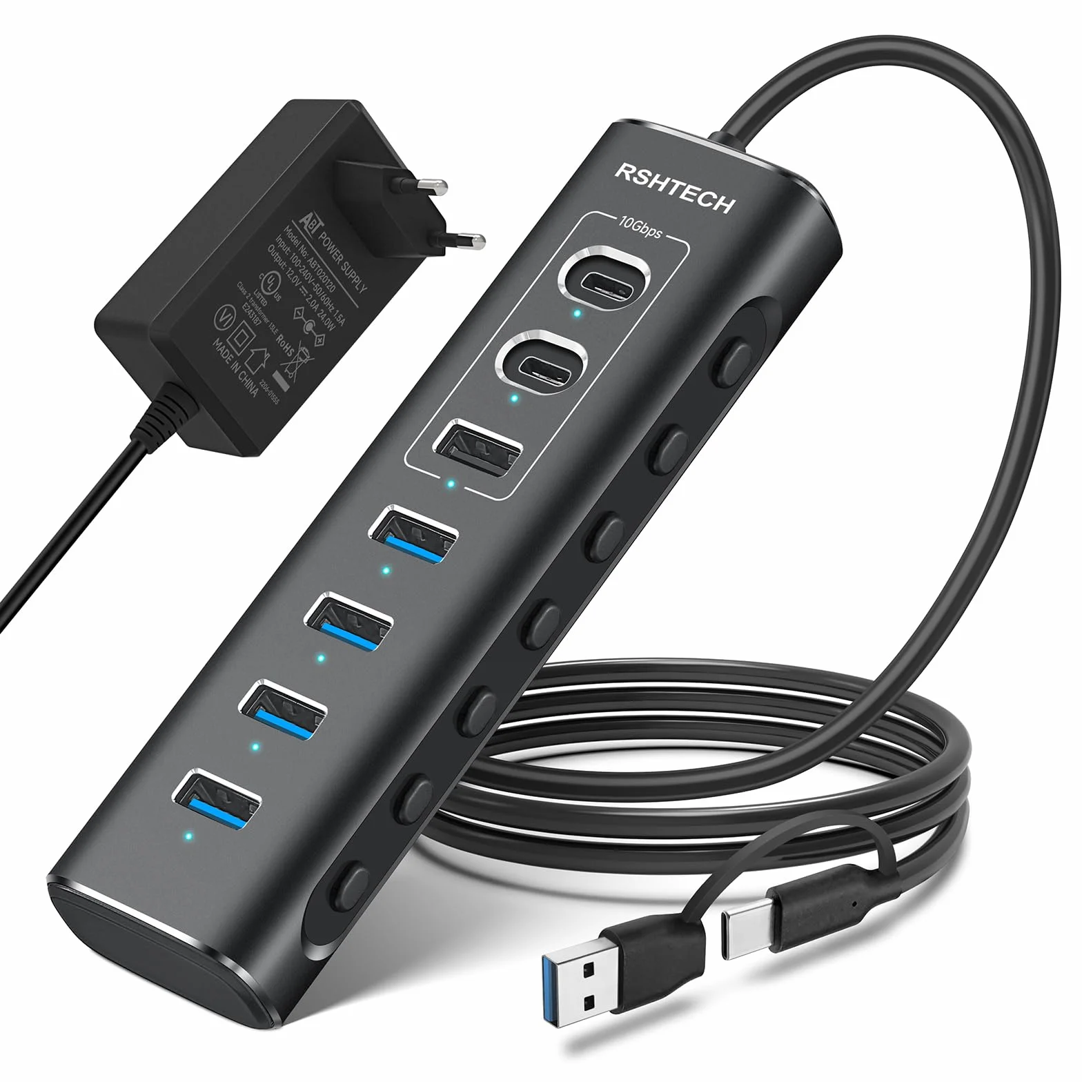 RSHTECH 7-portowy hub USB C 3.2 aktywny 10 Gb/s aluminiowy RSH-A107C