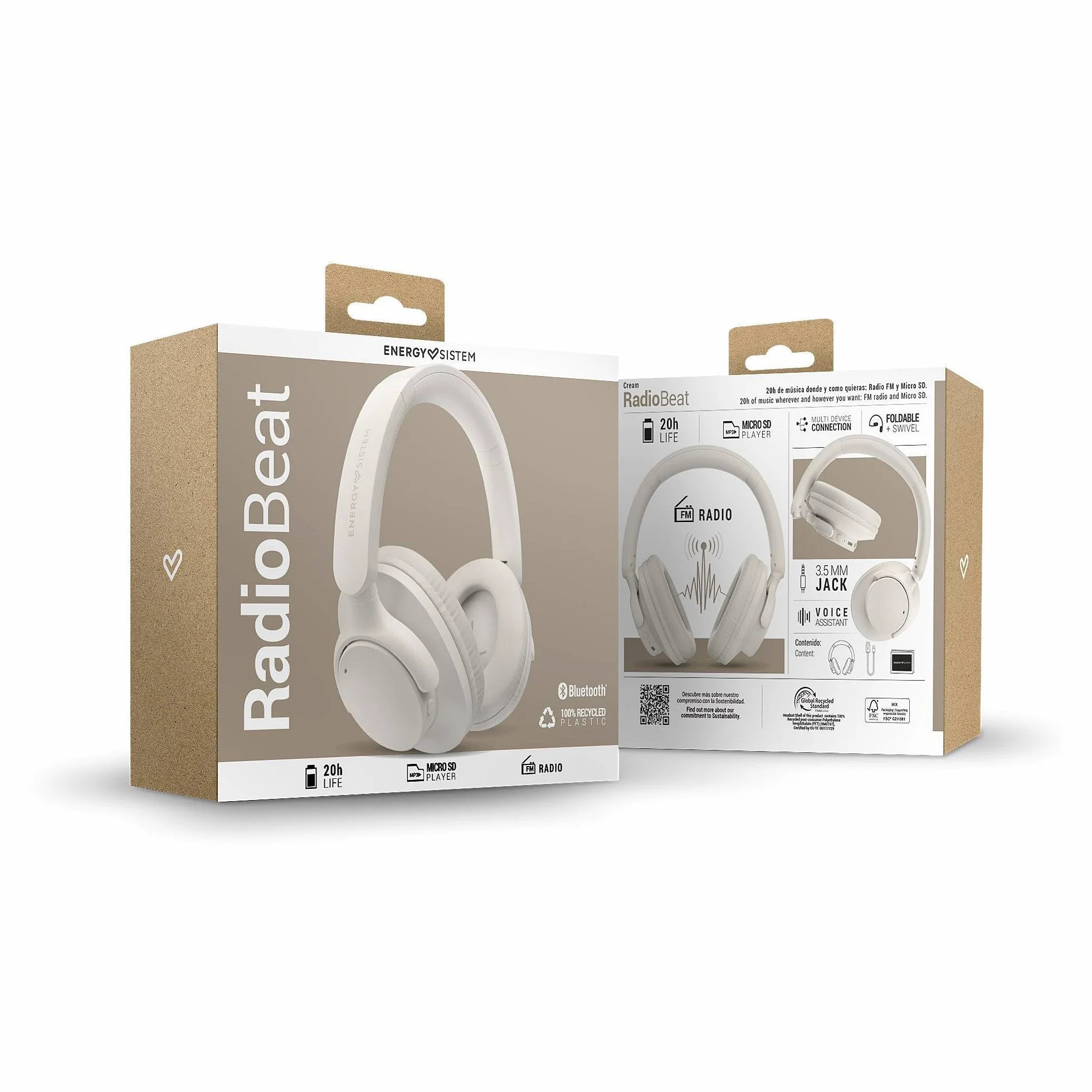 Energy Sistem Radiobeat Słuchawki Bluetooth 5.4, bateria 20h, połączenie wielu urządzeń, składana konstrukcja, radio FM, odtwarzacz MP3 Micro SD, asystent głosowy (biały)