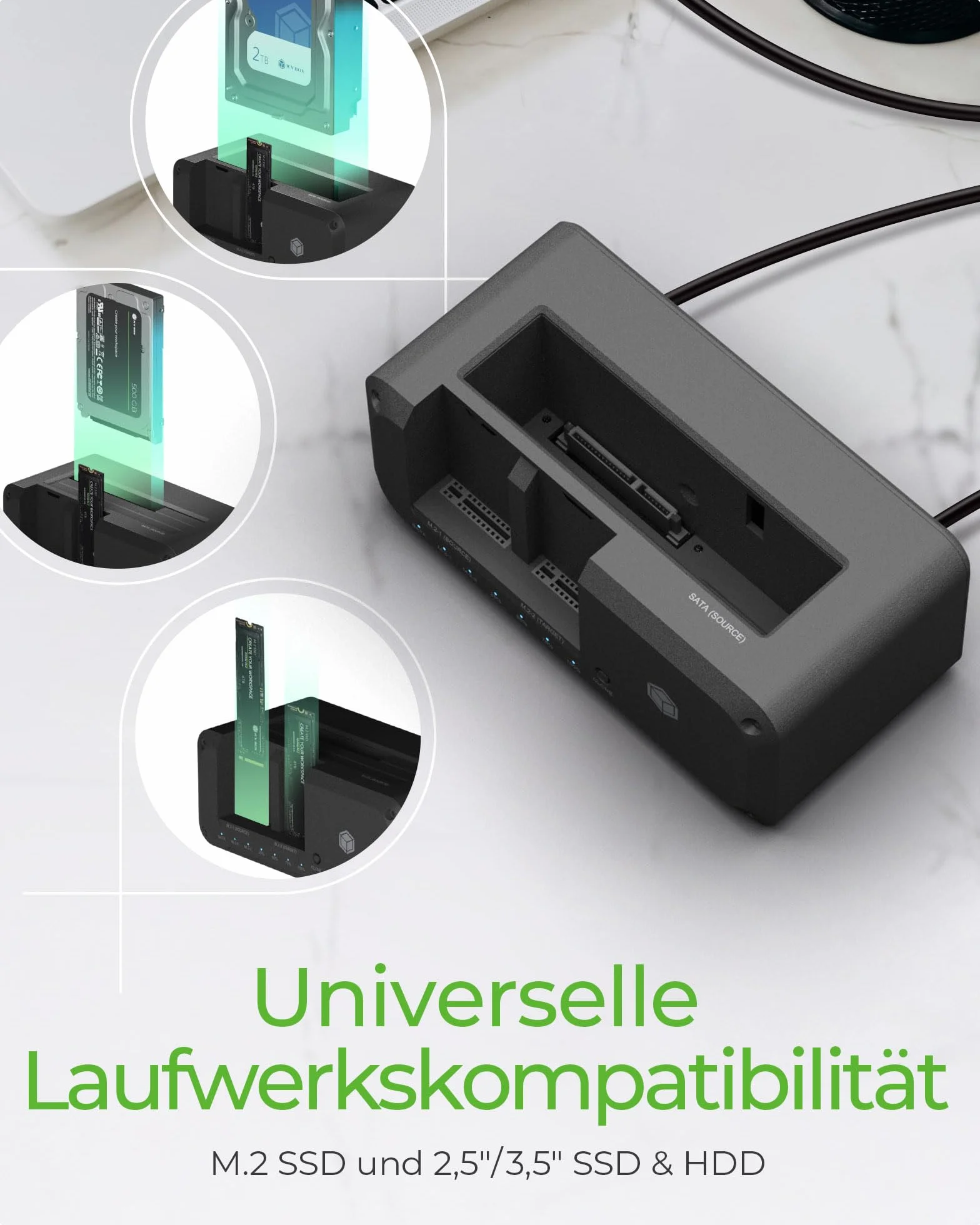ICY BOX Stacja dokująca do dysków M.2 NVMe i SATA, dwukierunkowe klonowanie, USB 3.2 10 Gb/s