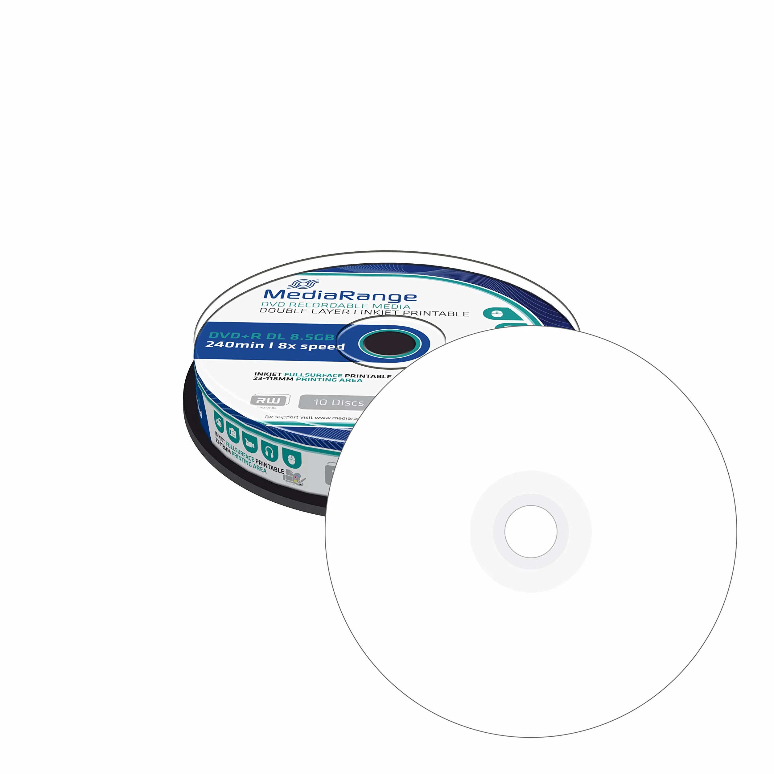 MediaRange DVD+R Double Layer 8,5 Gb|240 min 8-krotna prędkość zapisu, możliwość zadrukowania na całej powierzchni, 10 sztuk Cake Box