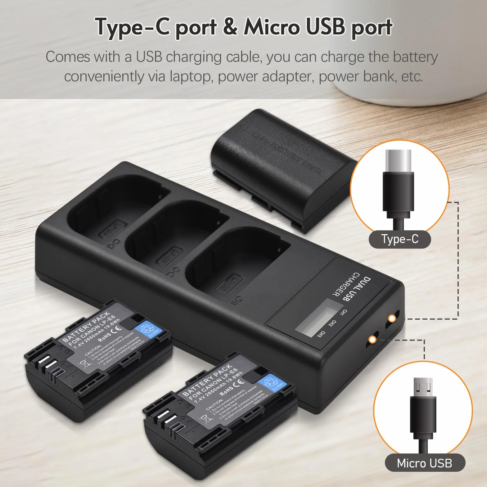 Andoer LP-E6 akumulator zamienny i zestaw ładowarki, ładowarka 3 gniazda + 3 akumulatory LP-E6 2650 mAh kompatybilne z Canon EOS 5D Mark II III IV/5DS/5DS R/6D/6D Mark II/7D Mark II/60D/70D/80D/90D