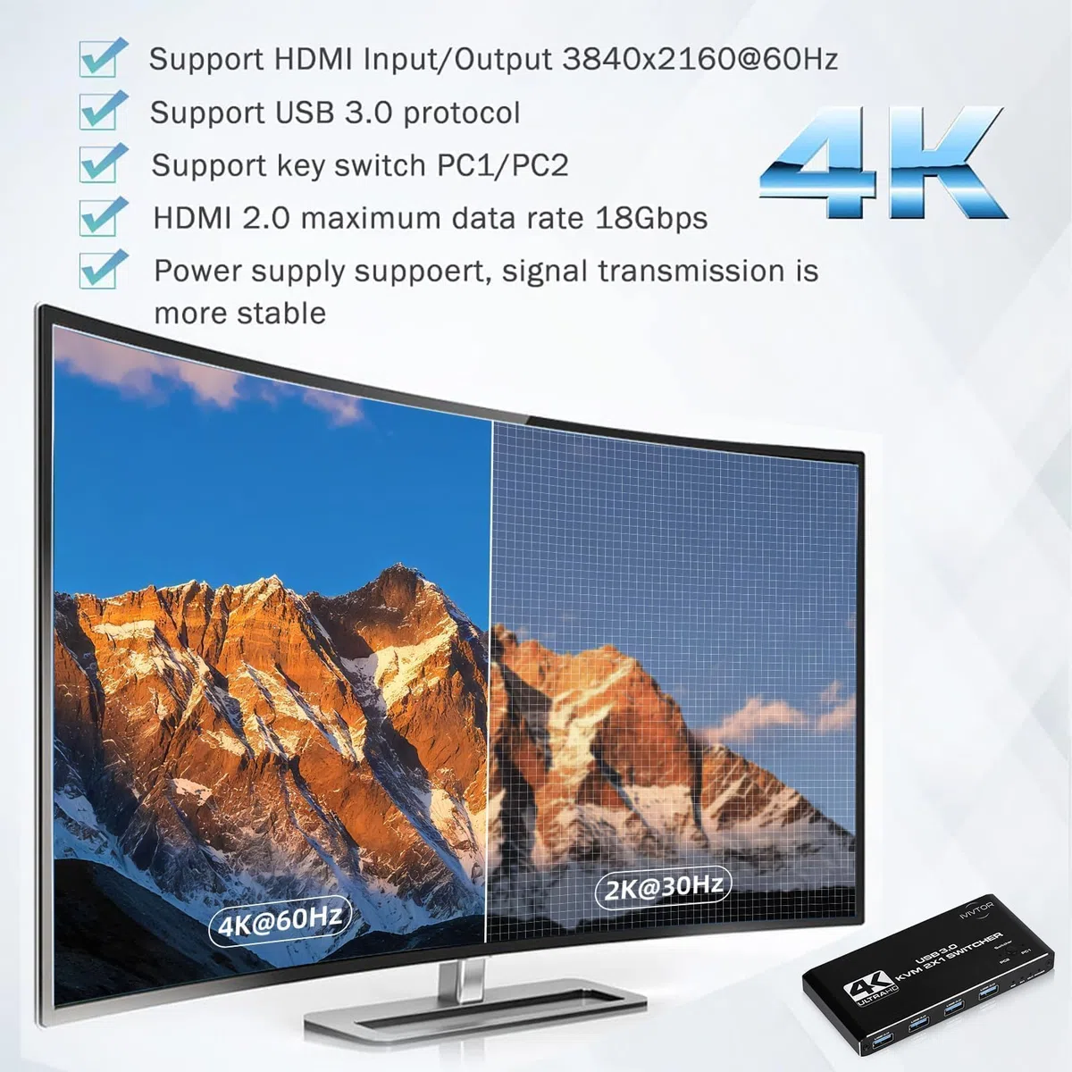 USB HDMI Przełącznik KVM - 2 PC 1 Monitor 4K@60Hz 4 portami USB 3.0 do współdzielenia klawiatury, myszy, drukarki, skanera itp