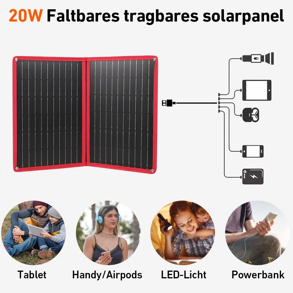 DOKIO 20W Moduł Solarny Monokrystaliczny Przenośny Składany Panel Słoneczny USB-A USB-C