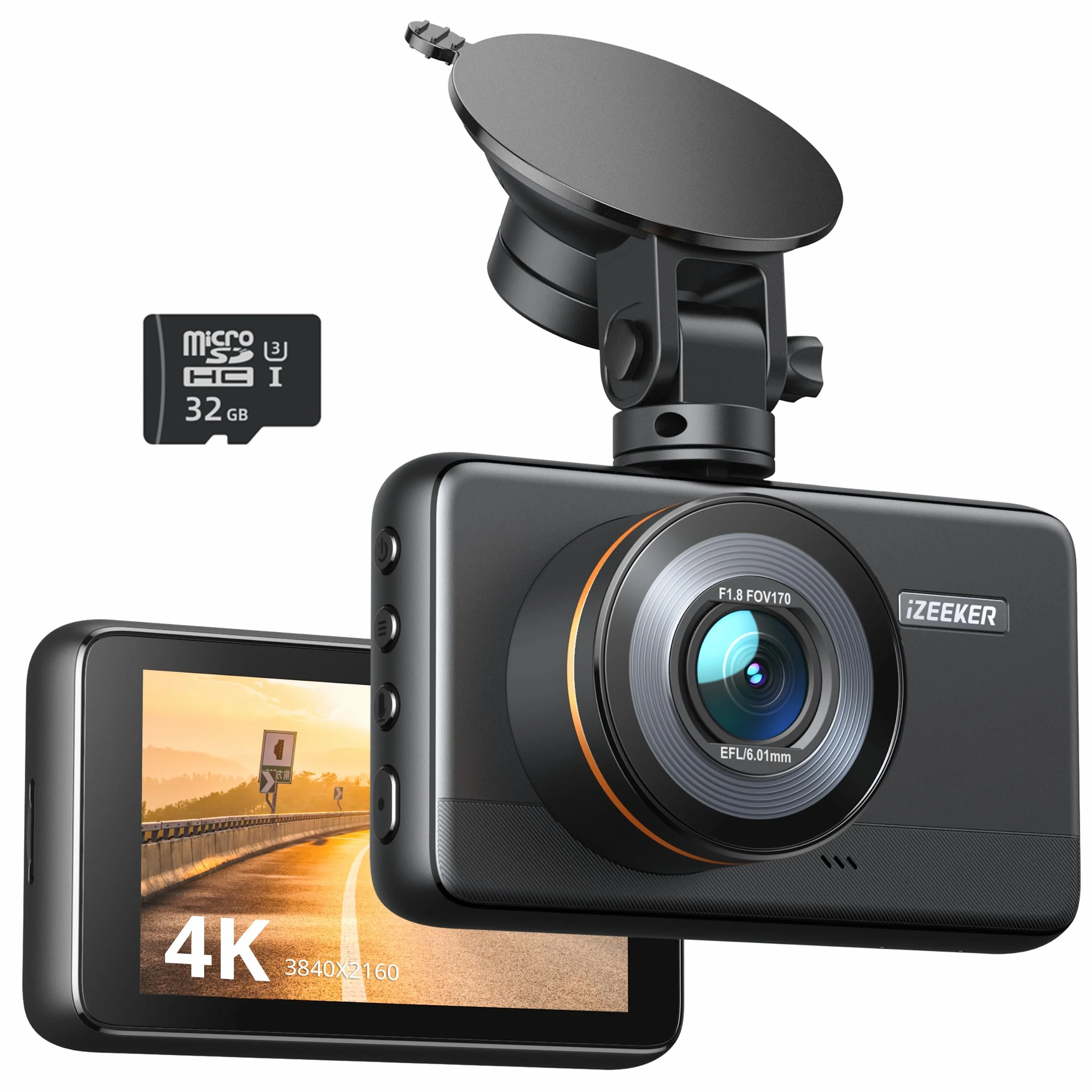 iZEEKER 4K Kamera samochodowa z przodu, 2160P Kamera samochodowa z darmową kartą 32GB, Kamera samochodowa z trybem nocnym, Nagrywanie w pętli, Czujnik G-Sensor, Automatyczne blokowanie, Tryb parkingow