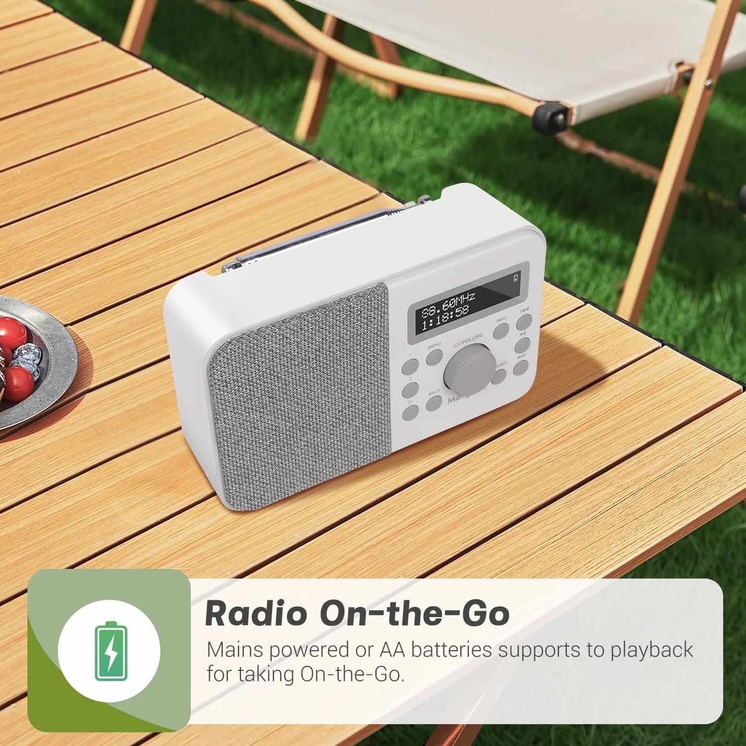 PR2S Przenośne Radio Cyfrowe DAB i FM z Głośnikiem Bluetooth, Budzikiem, 40 Stacji, Szary
