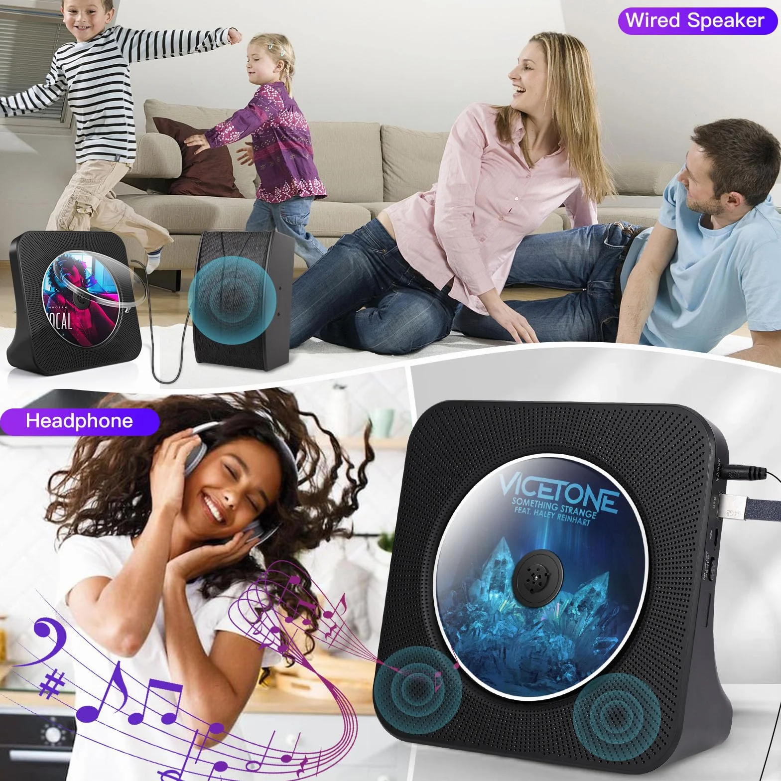 Desktopowy odtwarzacz CD z nadajnikiem Bluetooth, przenośny odtwarzacz radiowy z głośnikami i timerem, odtwarzacz CD z portem AUX/USB, osłona przeciwpyłowa, wyświetlacz LCD