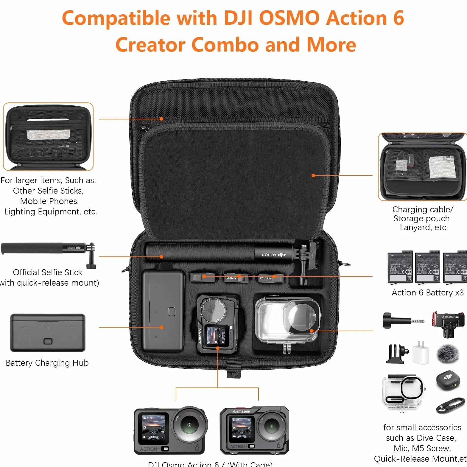 AMAZEAR Przenośny futerał do DJI Action 6, twarda obudowa z paskiem na ramię torba podróżna do akcesoriów DJI Osmo Action 6, kompaktowy wodoodporny organizer