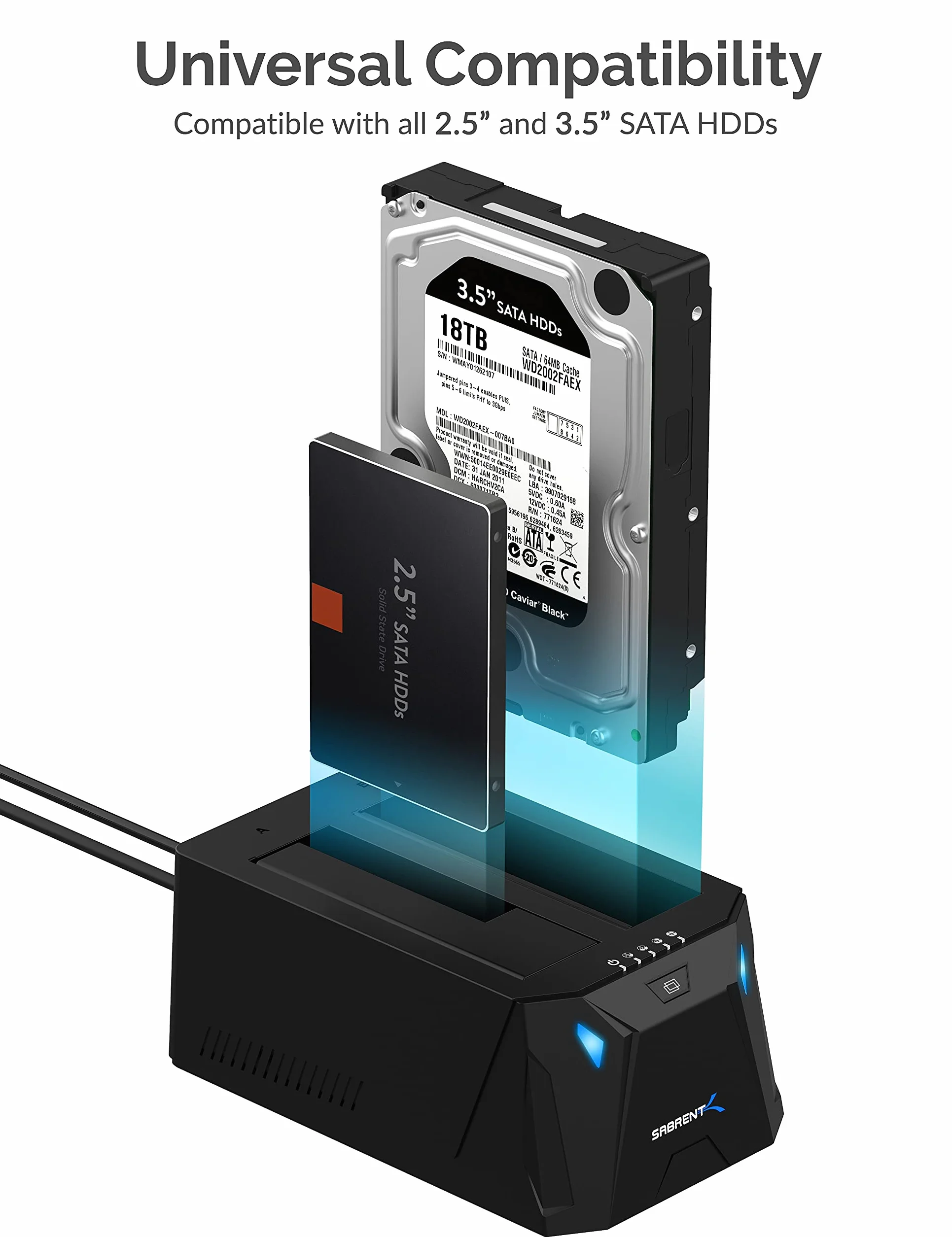 SABRENT Stacja dokująca do dysku twardego USB C SATA 2,5"/3,5", 2 kieszenie na dysk SSD/HDD na USB 3.2, zewnętrzna obudowa na dysk twardy, klonowanie offlinowe, UASP, kabel USB w zestawie, z