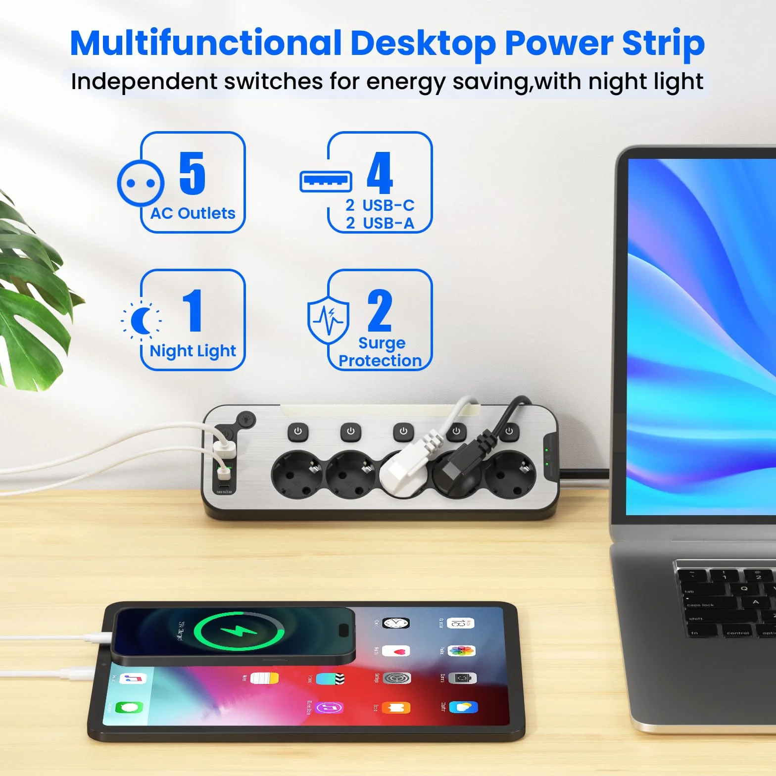 Listwa Zasilająca Przeciwprzepięciowa Gniazdo Narożne Stal Nierdzewna USB C 5 Gniazd Schuko Kabel 2M Czarna