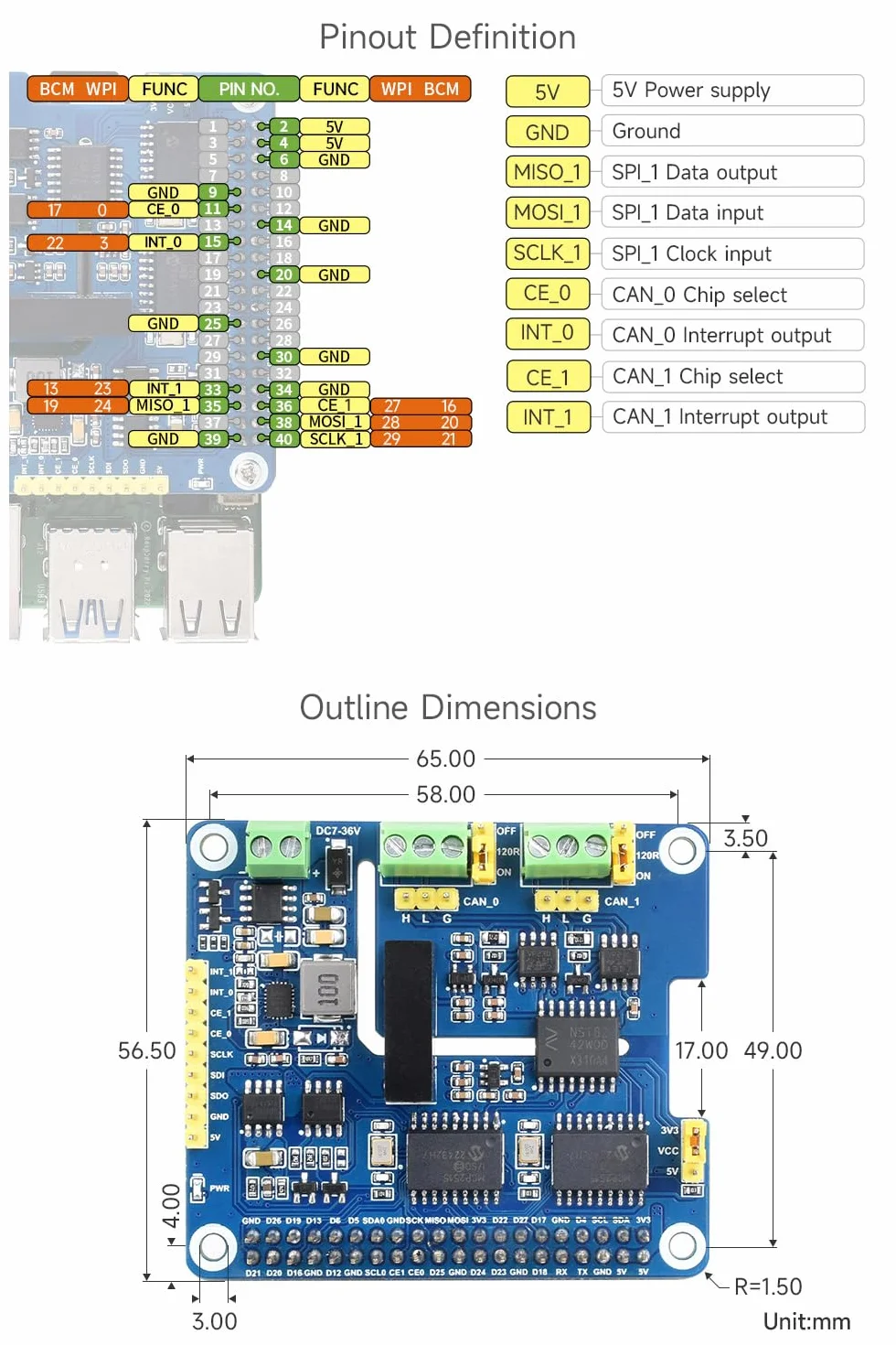 Waveshare 2-Channel Isolated CAN Bus Expansion HAT+ for Raspberry Pi, 7-36V Wide Input, Dual Chips, Stackable