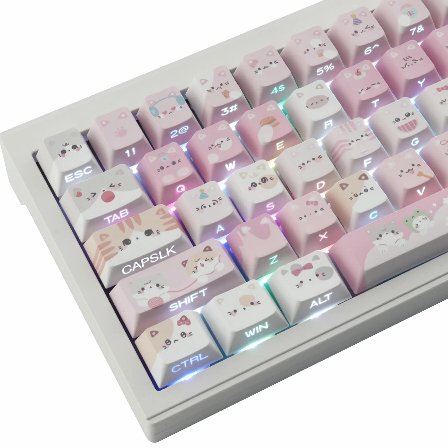Nasadki klawiszy PBT – zestaw nasadek klawiszy z nadrukiem bocznym, 136 klawiszy Shine Through Meow Squad, niestandardowe nasadki klawiszy z motywem kota, Cherry Profile Keycap do klawiatur