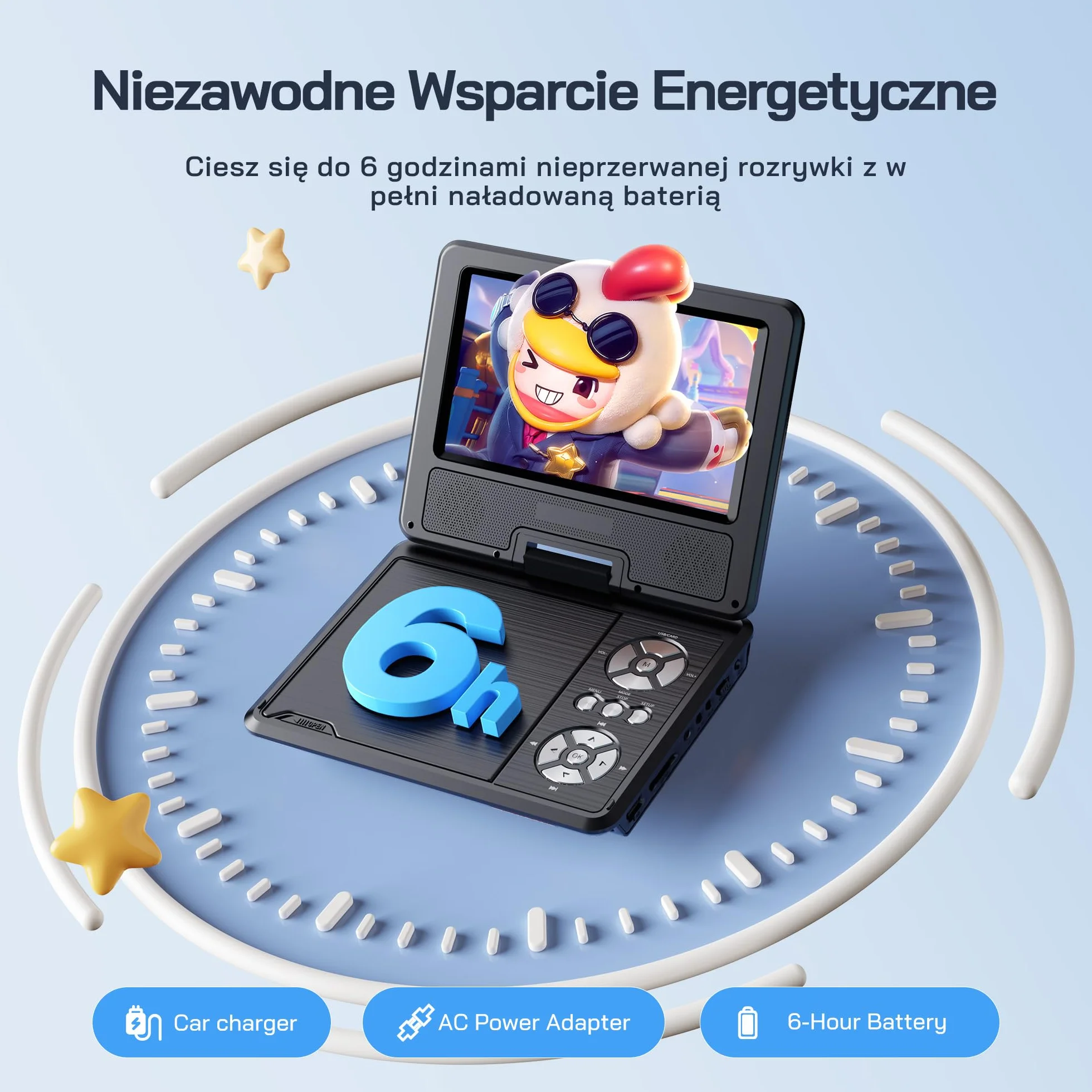 WOLFANG Przenośny Odtwarzacz DVD 9,5" Ekran Obrotowy HD 7,5" 4-6h Pracy Bez Blokady Regionalnej