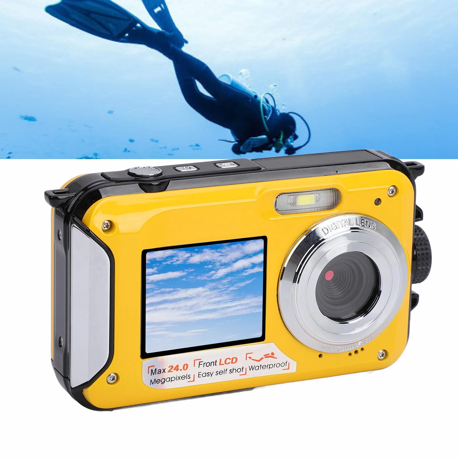 Podwodny Aparat 2,7K Wodoodporny Aparat 11 Stóp z 48 MP, 16-krotnym Zoomem Cyfrowym i Autofokusem Podwodny Aparat do Selfie z Dwoma Ekranami Kompaktowy Aparat Cyfrowy do (YELLOW)