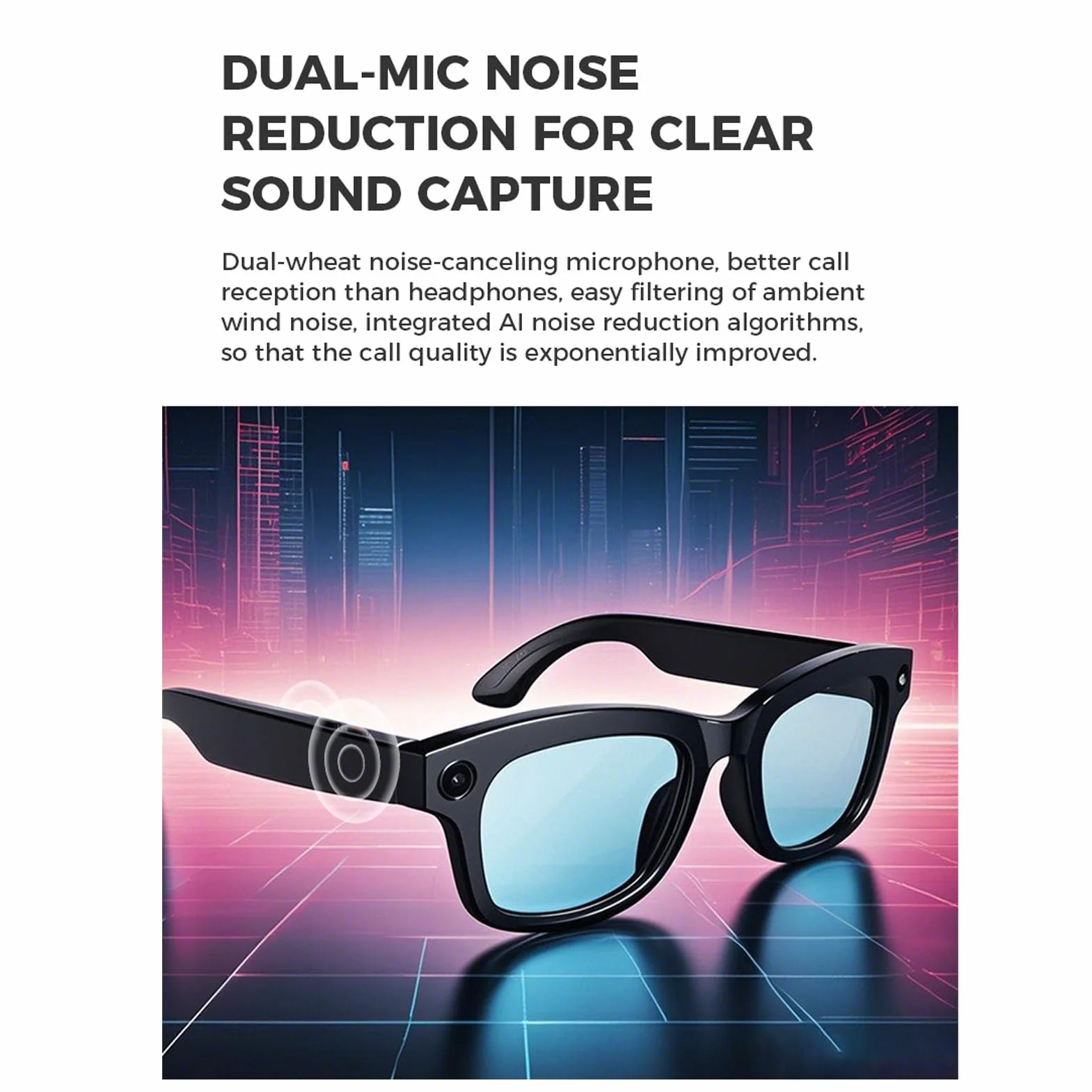AI Smart Okulary z Aparatem 5MP i Otwartym Głośnikiem, Odtwarzanie Muzyki Bluetooth/przezroczyste Połączenia, Bateria 4H, Unisex na Biuro na Zewnątrz