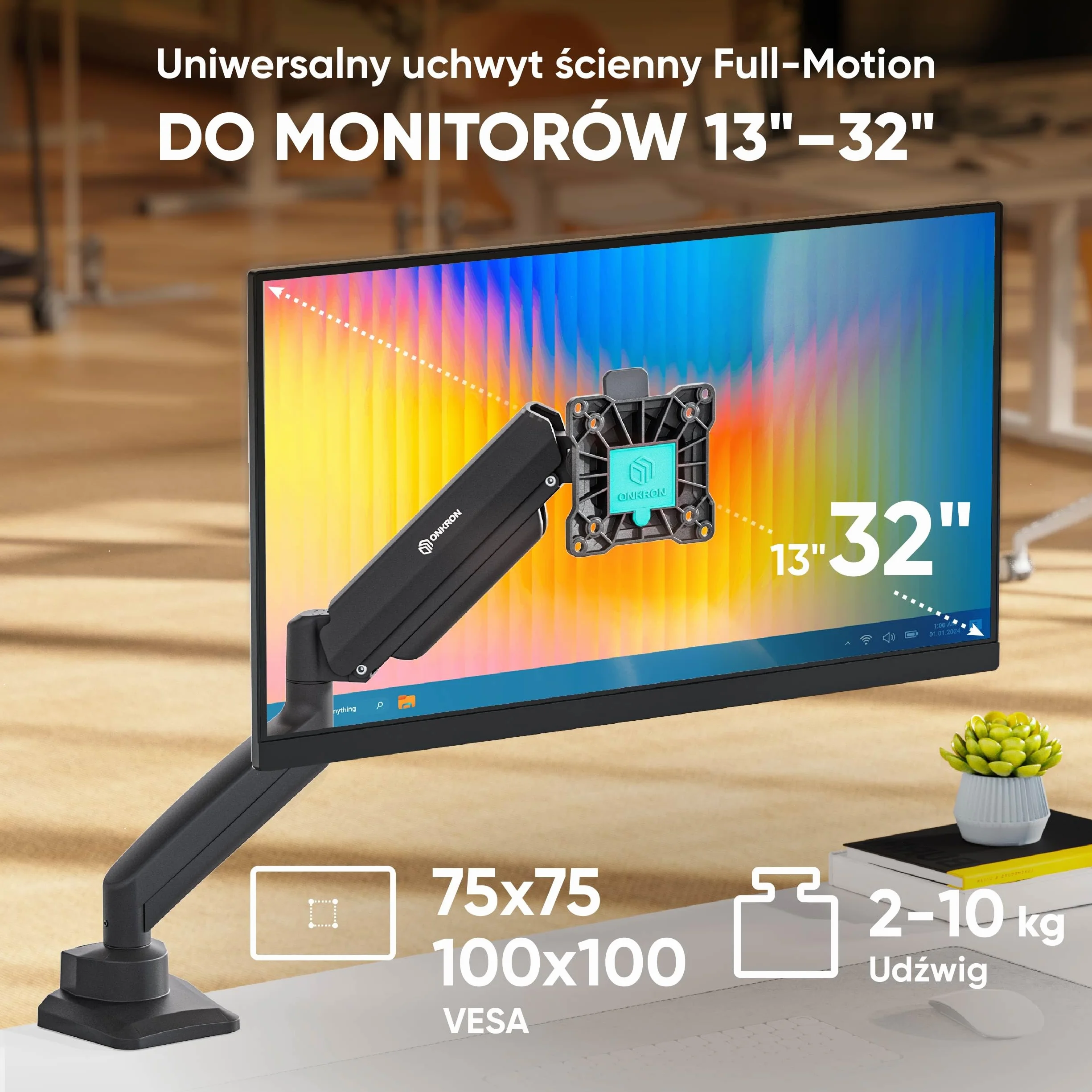 ONKRON Pojedynczy Uchwyt do Monitora 13-32 cale, Udźwig do 10 kg, Ramię do Ekranu na Biurko ze Sprężyną Gazową, VESA 75x75-100x100, Regulacja Wysokości, Obrotowy, Czarny G80-B