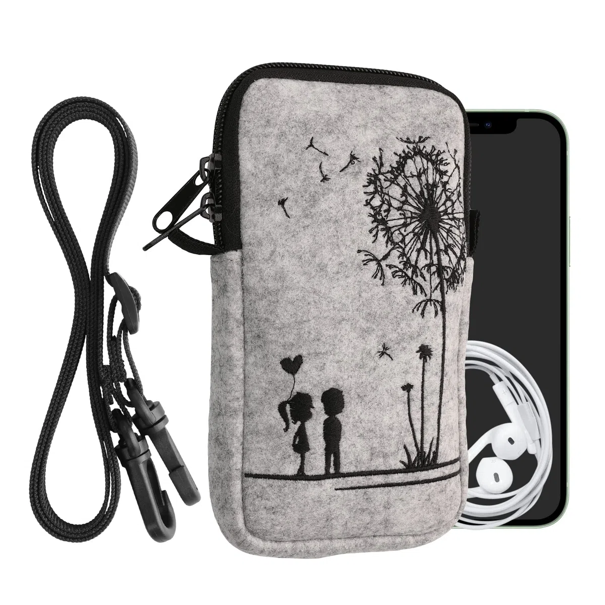 kwmobile Filcowa torba na telefon z wzorem L - 16,5 cm - uchwyt na pasek 16,5 x 8,9 cm - Dandelion Love czarny/jasnoszary