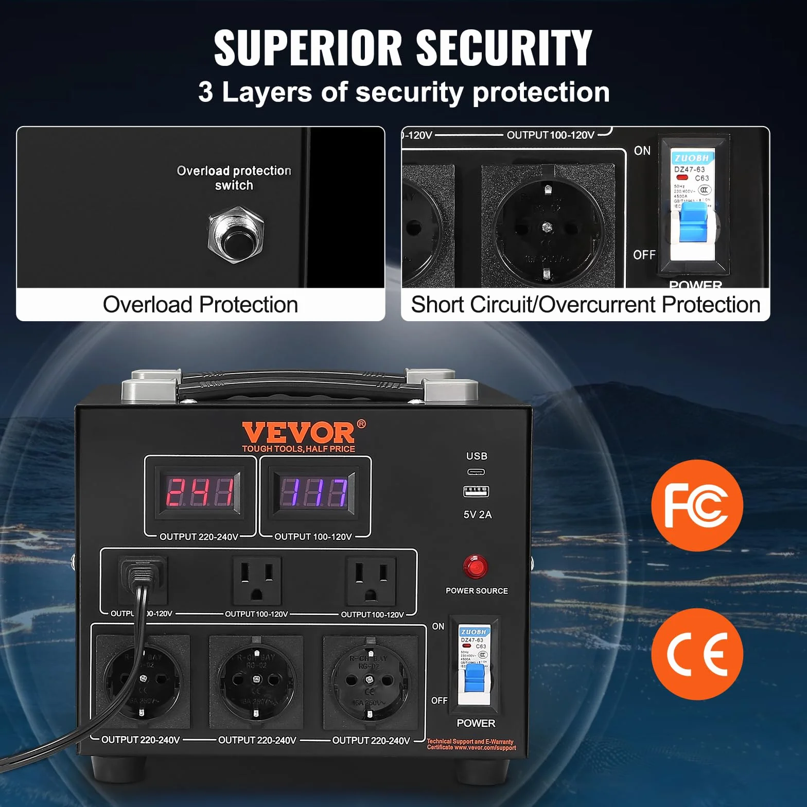 VEVOR Przetwornica napięcia 3000 W, AC 110 V/220 V, 3 gniazda NEMA 5-15R, 3 gniazda Schuko, USB i Type-C